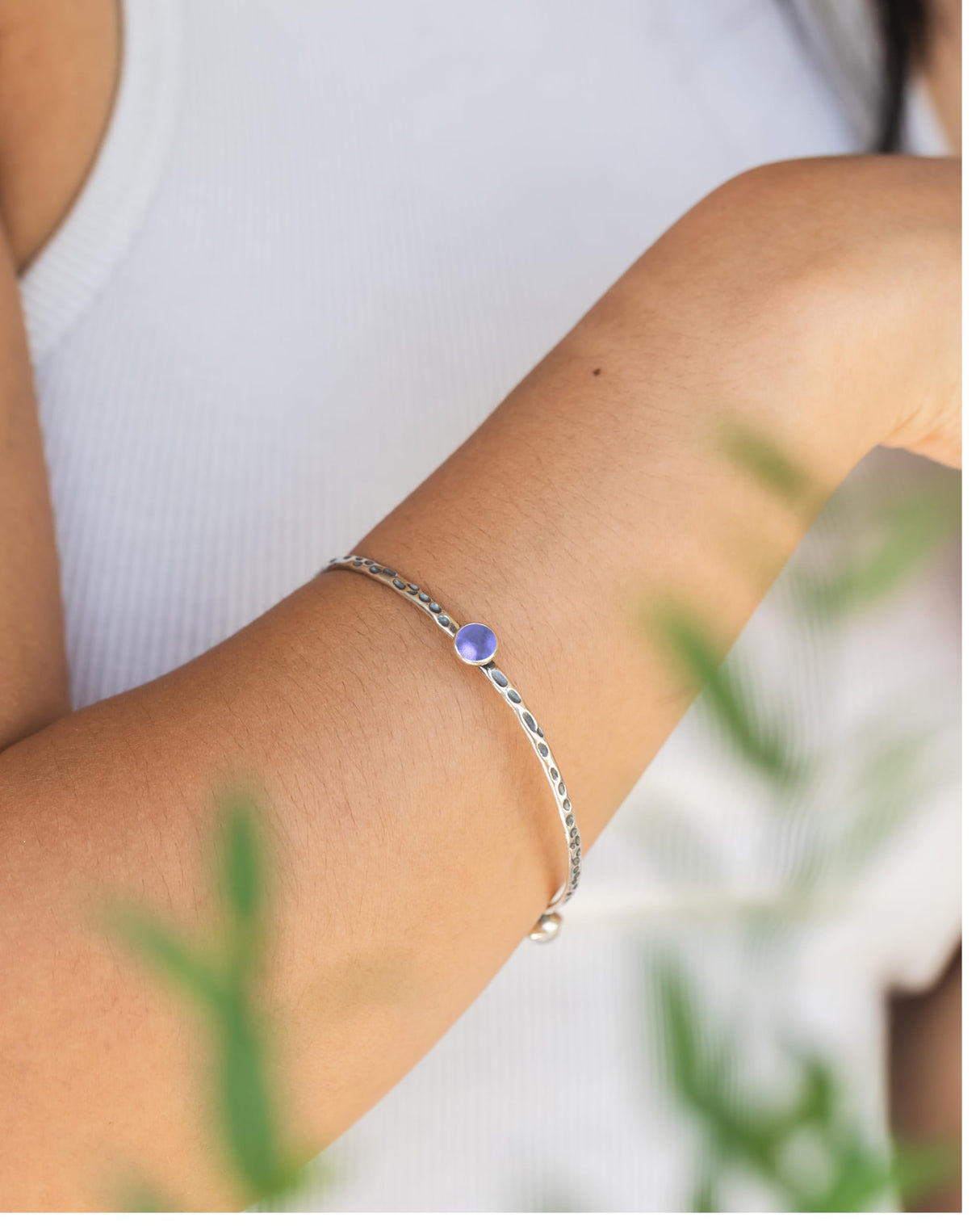 Bottled Up Designs Handmade Bangle Stacking Bracelet, Recycled Vintage Glass, Sterling Silver, Eco Friendly, Made in USA, Birthday Gifts, Mothers Day, Women (Cobalt 1960s Skin Cream Jar)