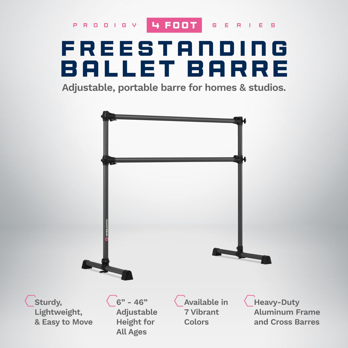 VITA Barre Portable Freestanding Double Ballet Barre, Prodigy, Aluminum | Adjustable Height, USA Made, Home or Gym Exercise Equipment for Kids & Adults | Dance, Fitness, Pilates