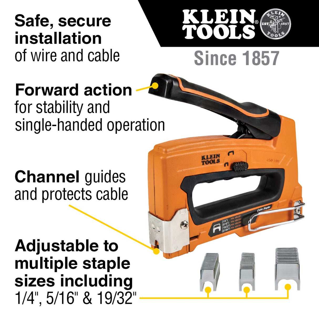 Klein Tools 450-003 Heavy Duty Staples, Made in USA, 19/32 x 11/32-Inch Insulated Staples for Romex and Other Cables, for Klein Tools Stapler No. 450-100