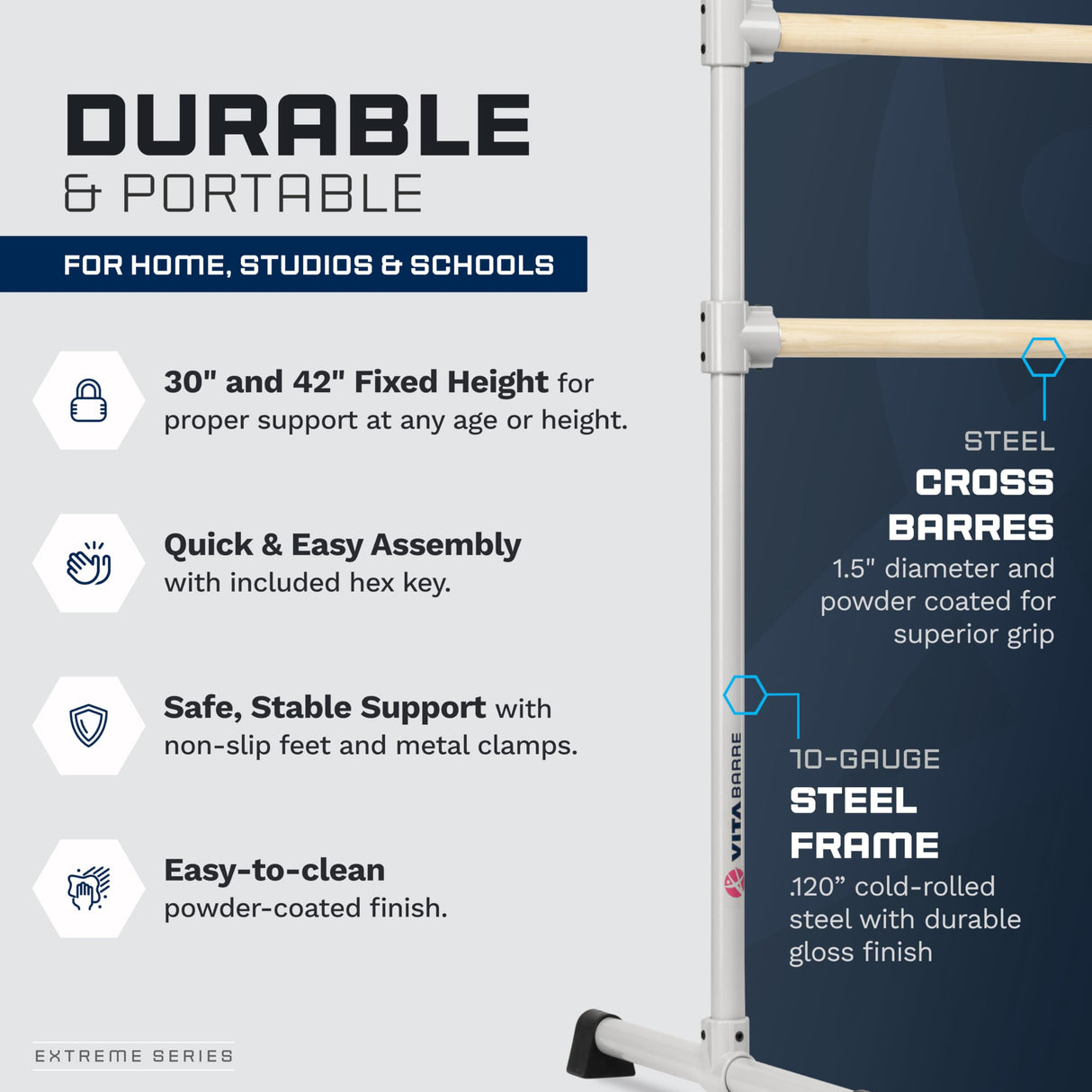 VITA Barre Portable Freestanding Double Ballet Barre, Extreme, Wood | Fixed Height, Made in USA, Home or Gym Exercise Equipment for Kids & Adults | Dance, Fitness, Pilates