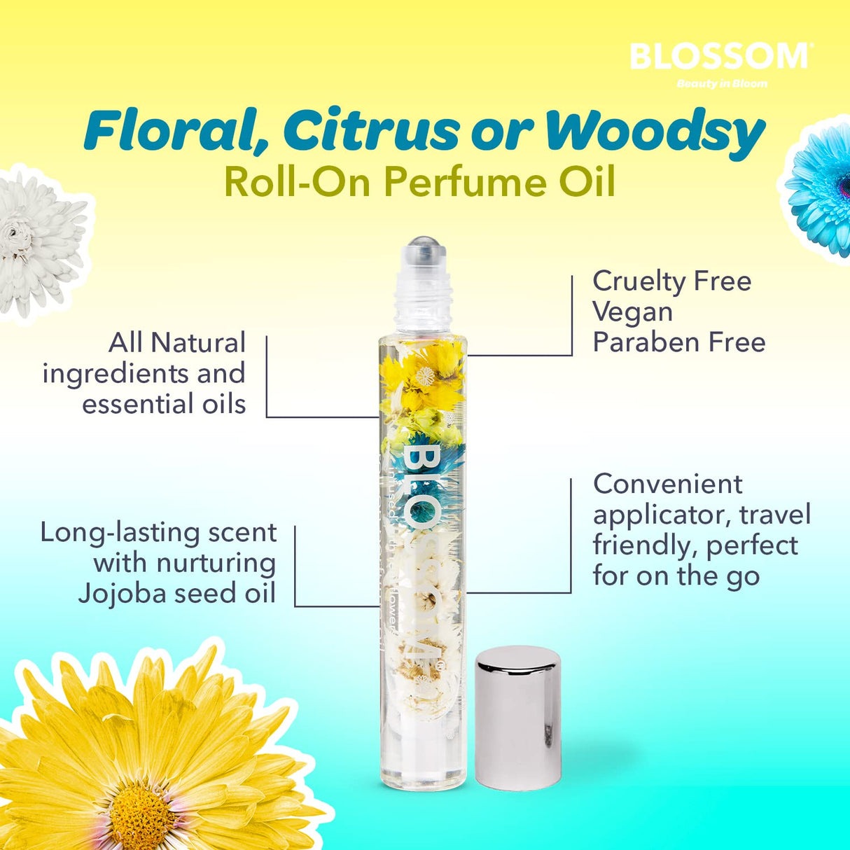 Blossom Roll on Perfume Oil for Women, Alcohol Free Rollerball Perfume with Essential Oil, Infused with Real Flowers, Made in USA, 0.20 oz (Lemon, Bergamot, Violet, White Musk), Cactus Flower