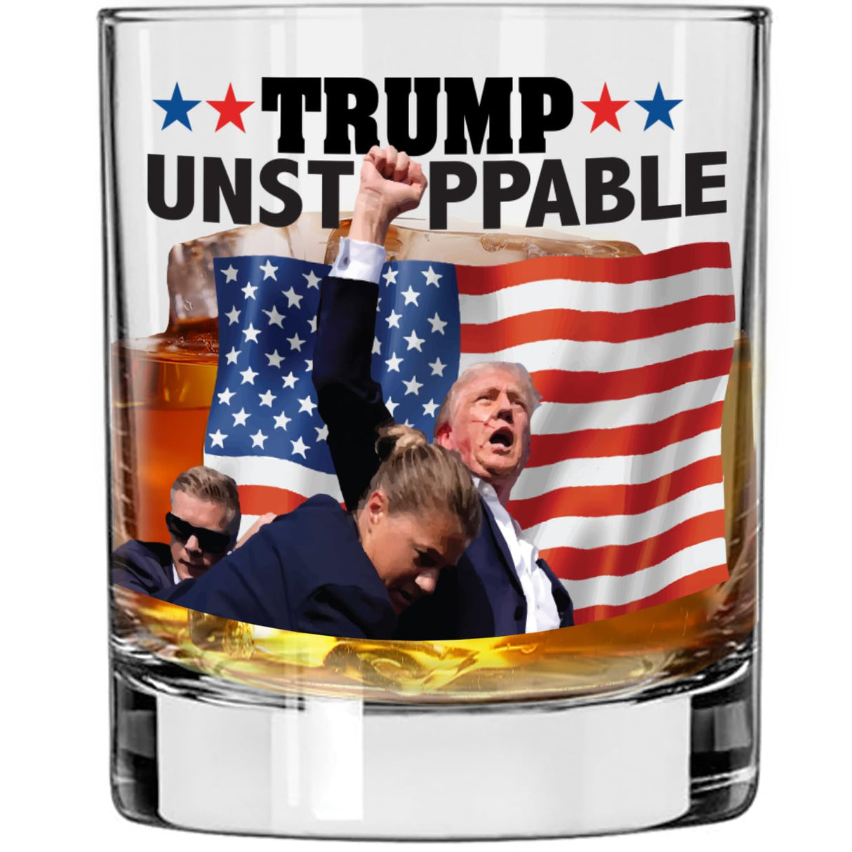 Unstoppable Trump Shot Whiskey Bourbon Glass - Made in America & Dishwasher Safe! Trump Survived Shot Assassination Attempt Survivor You Missed Trump Fight PA Trump Rally Fist Pump Maga Patriotic Gift