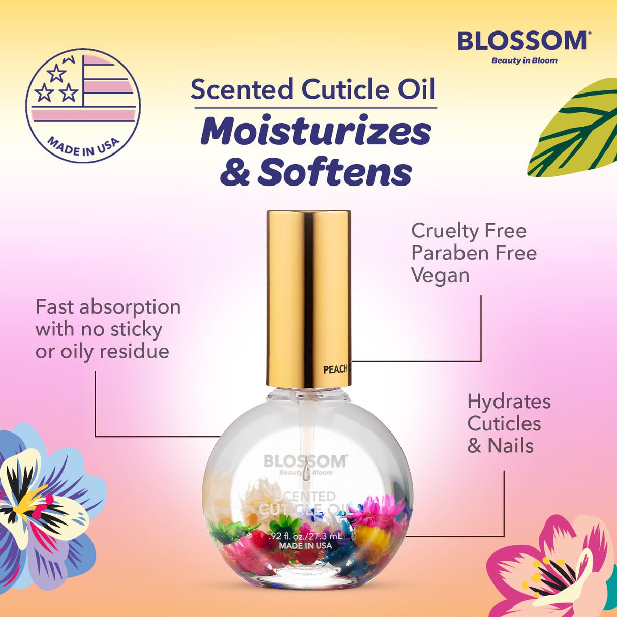 Blossom Scented Cuticle Oil, Infused with Real Flowers, Hydrating, Moisturizing, Strengthening, Made in USA, 0.5 fl. oz, Amazon Exclusive, Watermelon