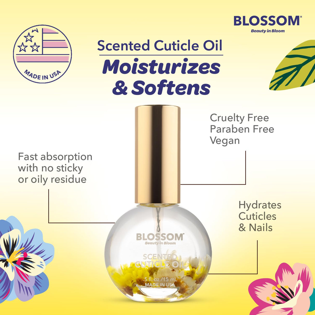 Blossom Scented Cuticle Oil, Infused with Real Flowers, Hydrating, Moisturizing, Strengthening, Made in USA, 0.5 fl. oz, Amazon Exclusive, Watermelon