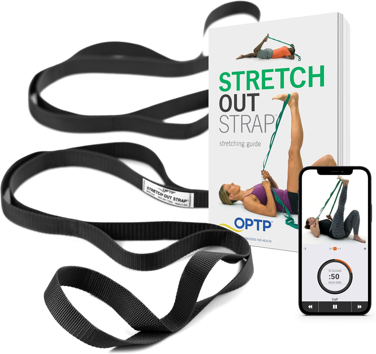 OPTP The Original Stretch Out Strap XL with Exercise Book, USA Made Stretch Out Straps for Physical Therapy, Yoga Stretching Strap or Knee Therapy Strap - Ten Loops, 7'5" Strap