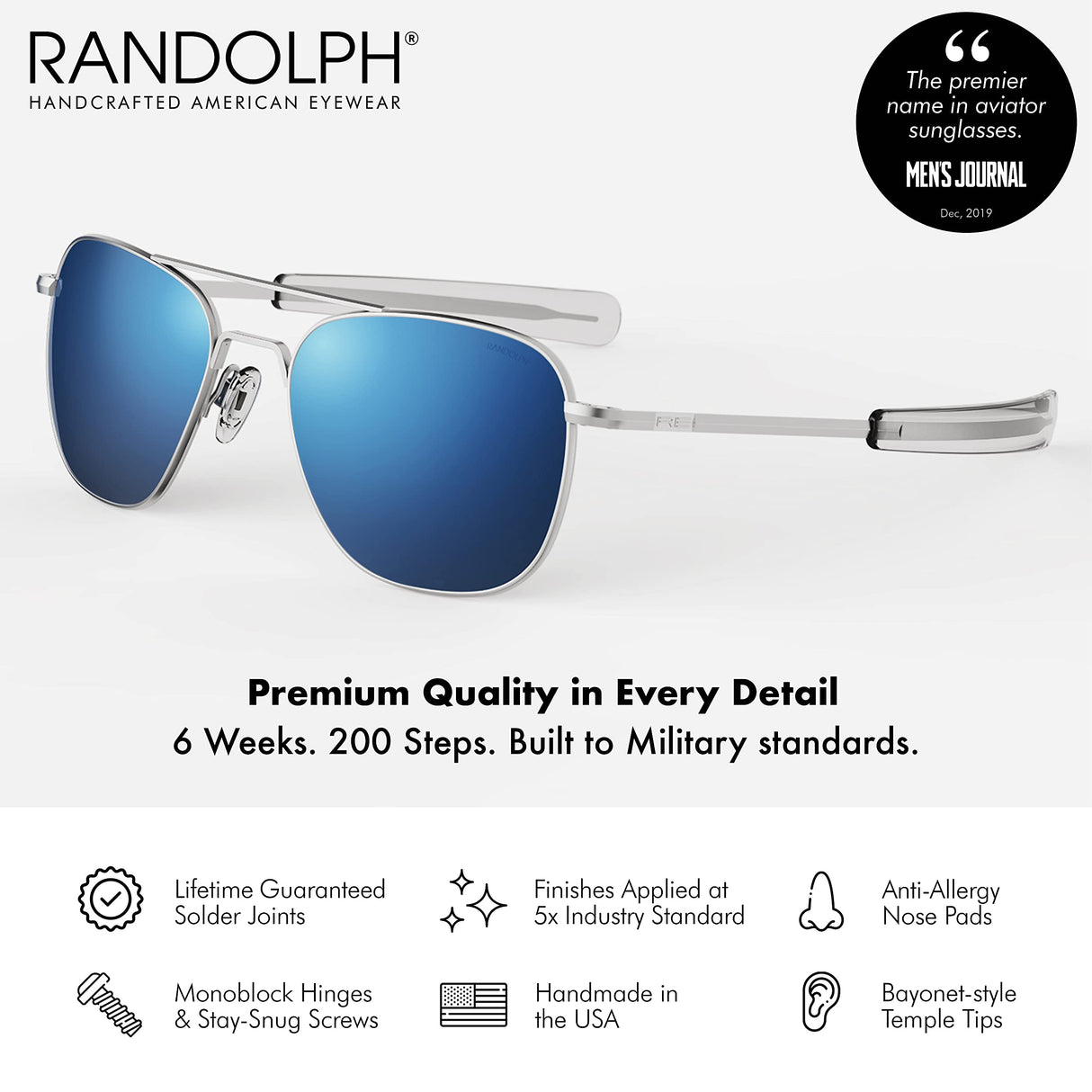 Mens or Womens Aviator Sunglasses, Matte Chrome, Classic, Polarized and Non-Polarized with UV Protection by Randolph USA