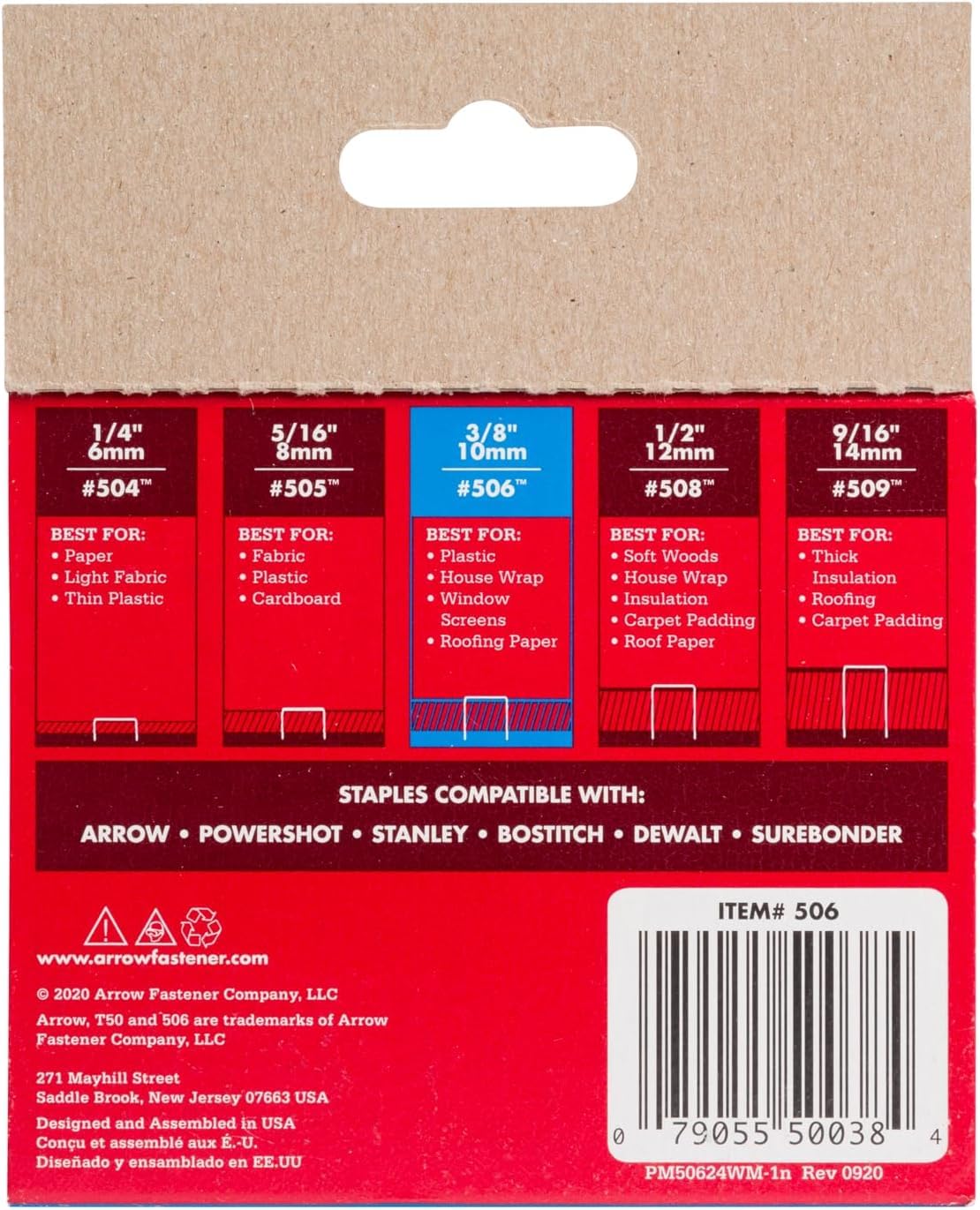 Arrow 506 Heavy Duty T50 3/8-Inch Leg Length, 3/8-Inch Crown, Staples for Upholstery, Construction, Furniture, Crafts, 1250-Pack, Made in the USA