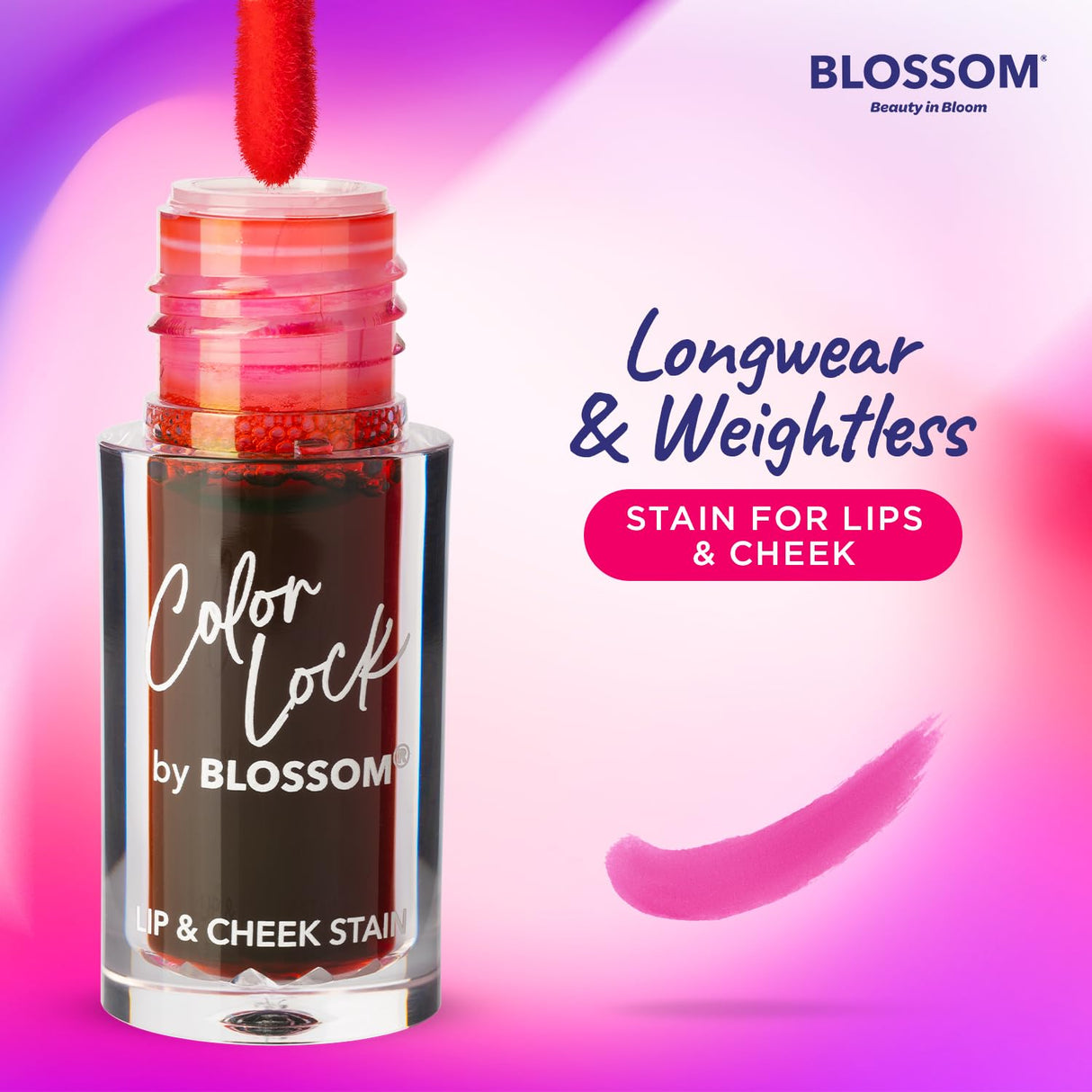 Blossom Color Lock Hydrating Longlasting Lip Stain and Tint for Lips & Cheek, Buildable, Non Drying, Smudgeproof + Transfer Proof, Made in USA with Doe Foot Applicator, 0.14 fl oz/4ml, Blooming Rose
