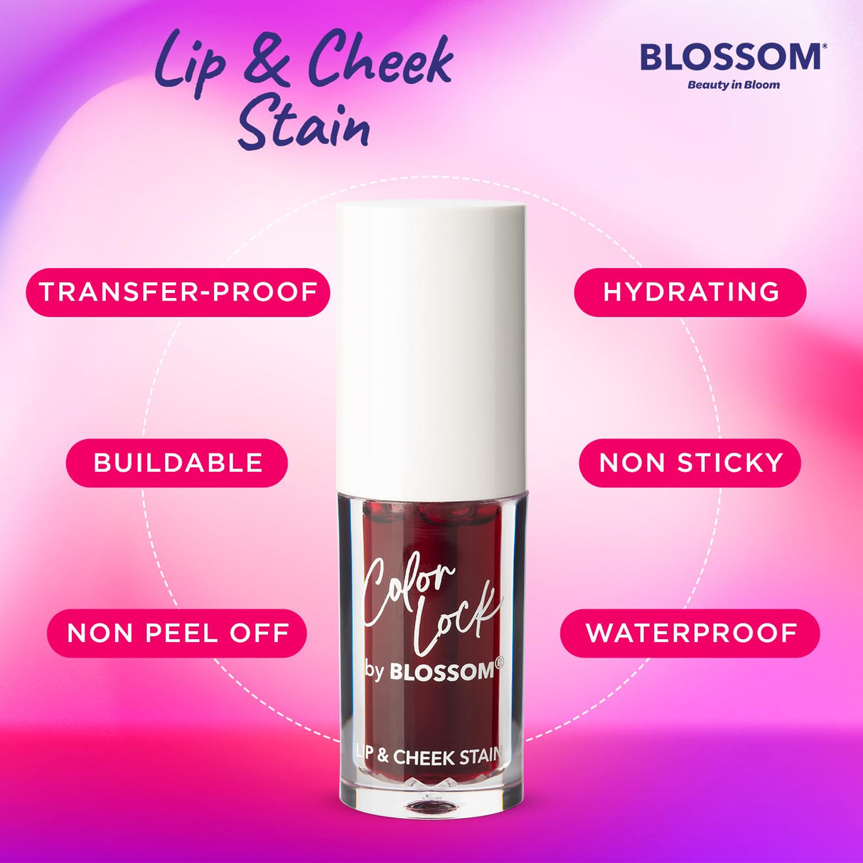 Blossom Color Lock Hydrating Longlasting Lip Stain and Tint for Lips & Cheek, Buildable, Non Drying, Smudgeproof + Transfer Proof, Made in USA with Doe Foot Applicator, 0.14 fl oz/4ml, Blooming Rose