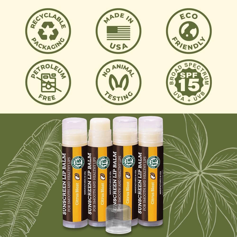USDA Organic Lip Balm 6-Pack by Earth's Daughter Stocking Stuffers - Fruit Flavors, Beeswax, Coconut Oil, Vitamin E - Best Lip Repair Chapstick for Dry Cracked Lips - Moisturizing Lip Care