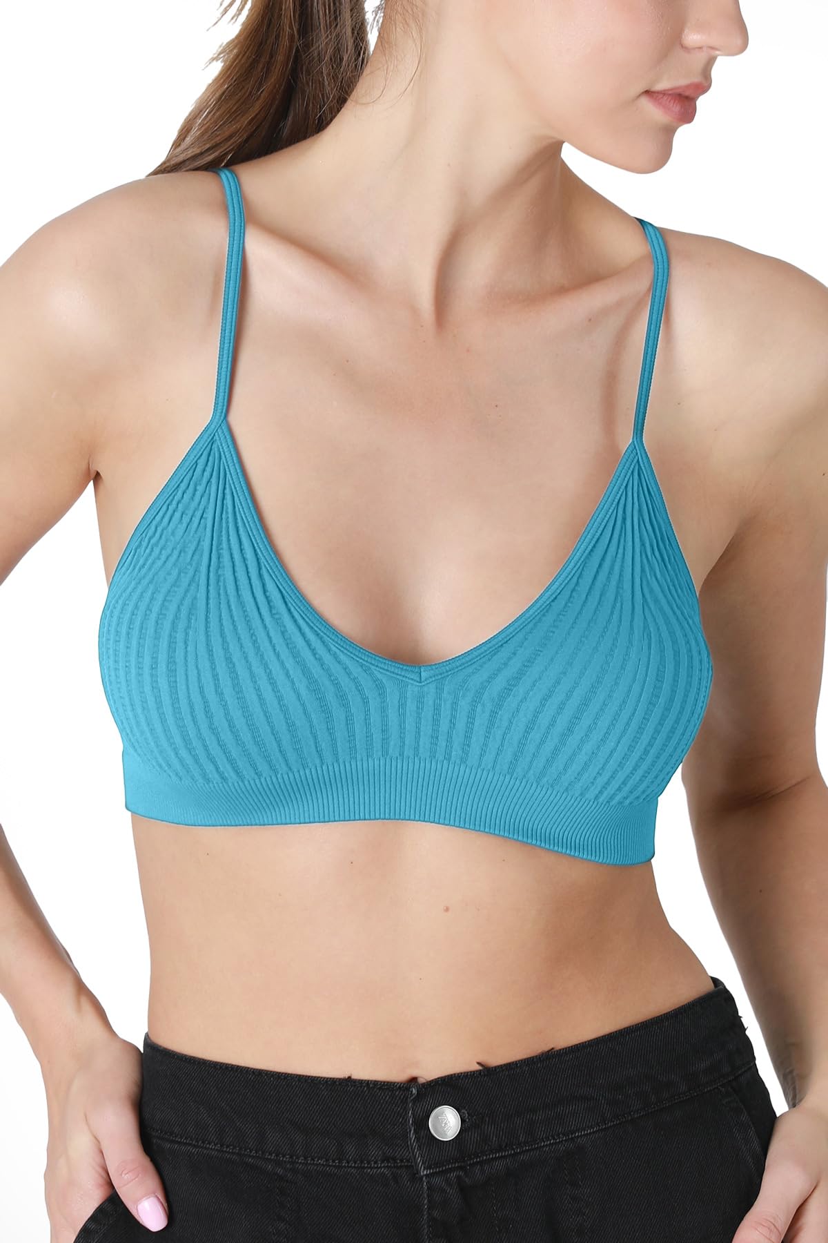 NIKIBIKI Women Seamless Ribbed V-Neck Bralette, Made in U.S.A, One Size