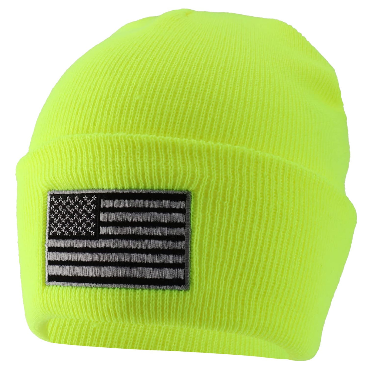 Made in USA Grey American Flag Embroidered Knit Cuff Long Beanie