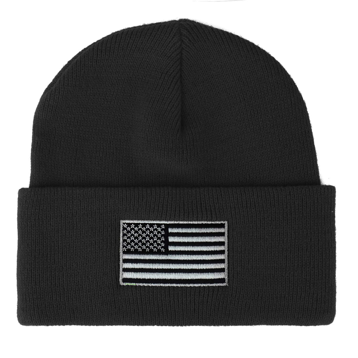 Made in USA Grey American Flag Embroidered Knit Cuff Long Beanie