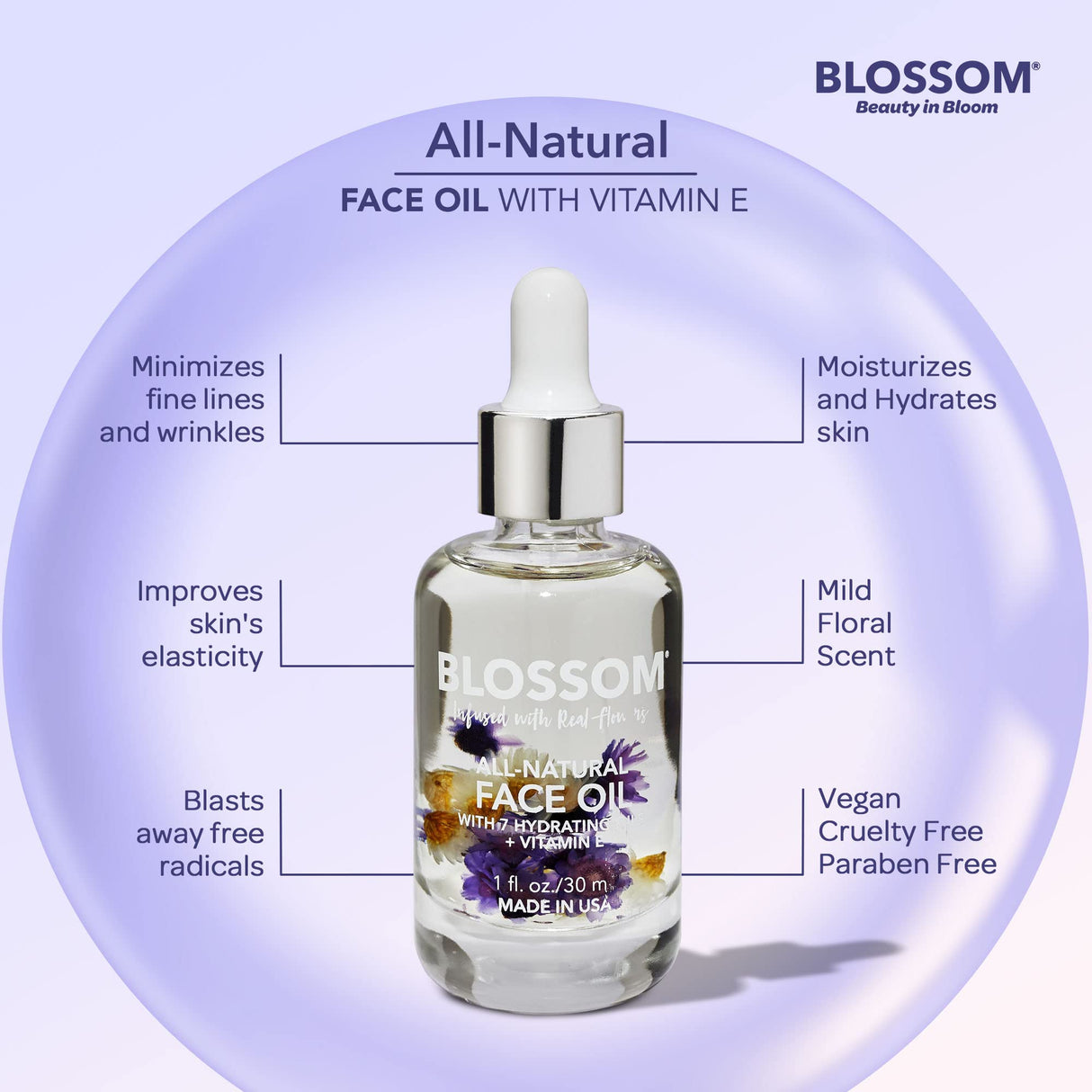 Blossom Unscented All Natural, Vegan, Cruelty Free Face Oil with Vitamin E, Infused with Real Flowers, Made in USA, 1 fl. oz., Spring Bouquet
