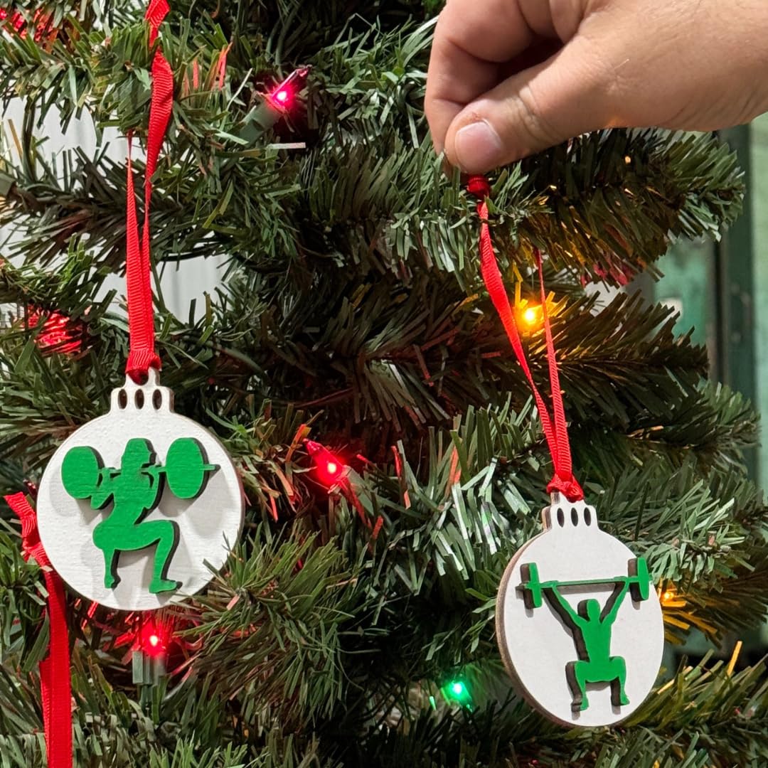 Weightlifting Christmas Tree Ornament 4 Piece Set, Includes 4 Different Wooden Weightlifting Style Ornaments, Weightlifting Gift, Fitness Ornament (All Male Lifter 4 Pack)