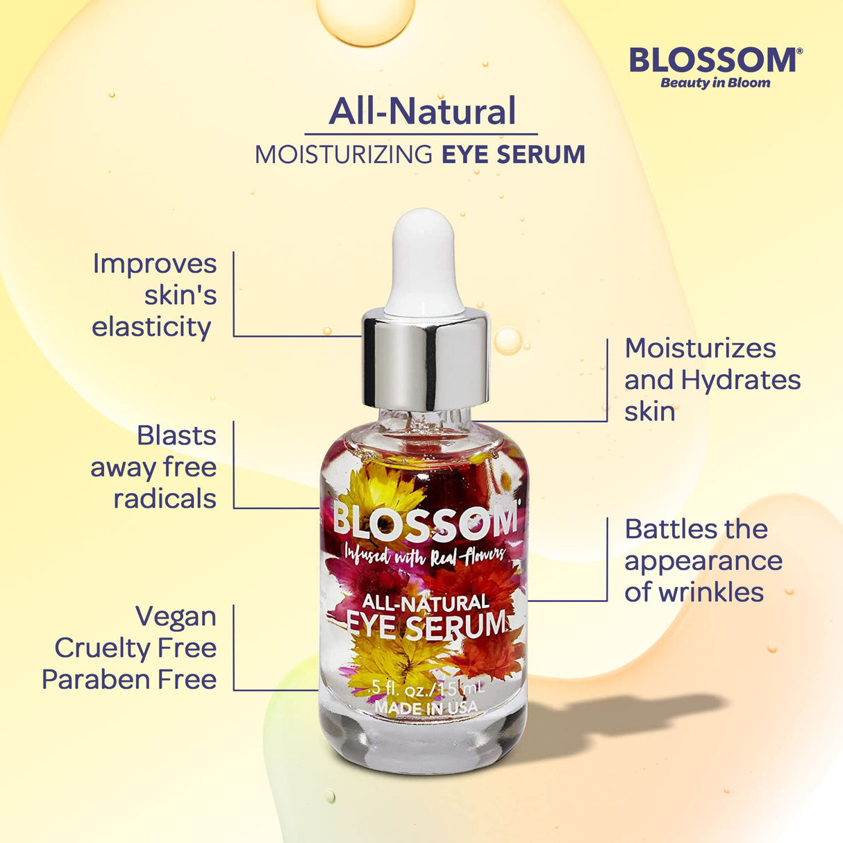 Blossom All Natural Eye Serum with Essential Oils, Organic Cruelty Free Moisturizing, Infused with Real Flowers, Made in USA, 0.5 fl. oz., Spring Bouquet