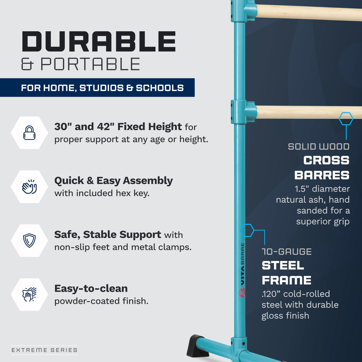 VITA Barre Portable Freestanding Double Ballet Barre, Extreme, Wood | Fixed Height, Made in USA, Home or Gym Exercise Equipment for Kids & Adults | Dance, Fitness, Pilates