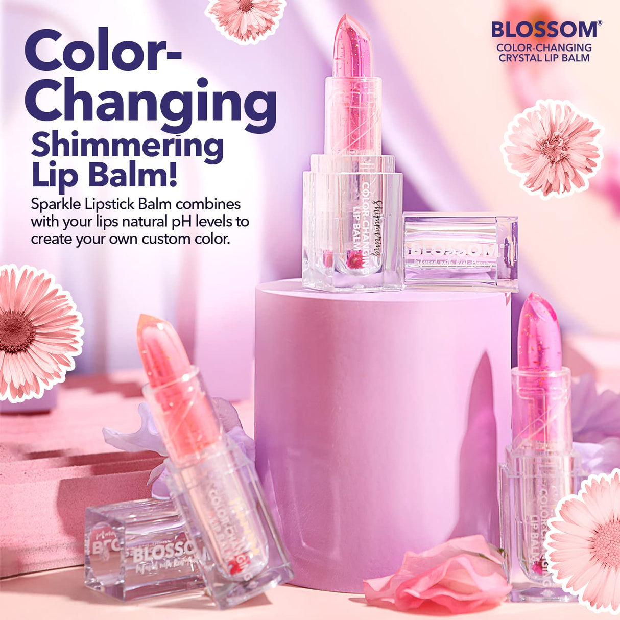 Blossom Moisturizing pH Color Changing Shimmering Lip Balm Sparkle Lip Stain Tint, Infused with Real Flowers, 3g, Electric Pink