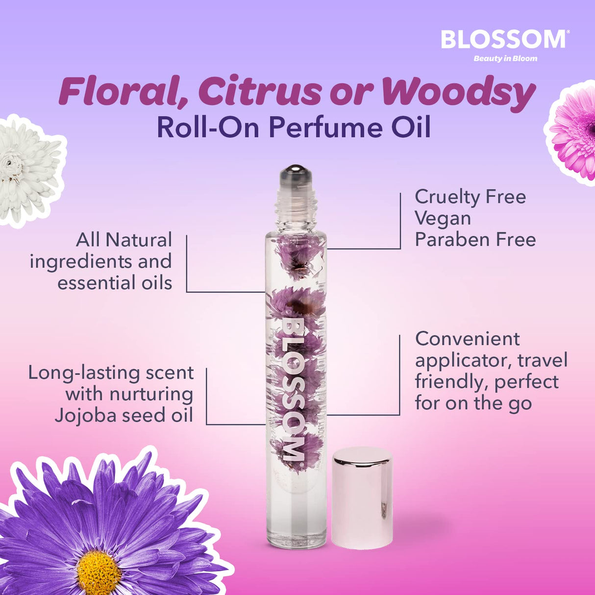 Blossom Roll on Perfume Oil for Women, Alcohol Free Rollerball Perfume with Essential Oil, Infused with Real Flowers, Made in USA, 0.20 oz (Lemon, Bergamot, Violet, White Musk), Cactus Flower