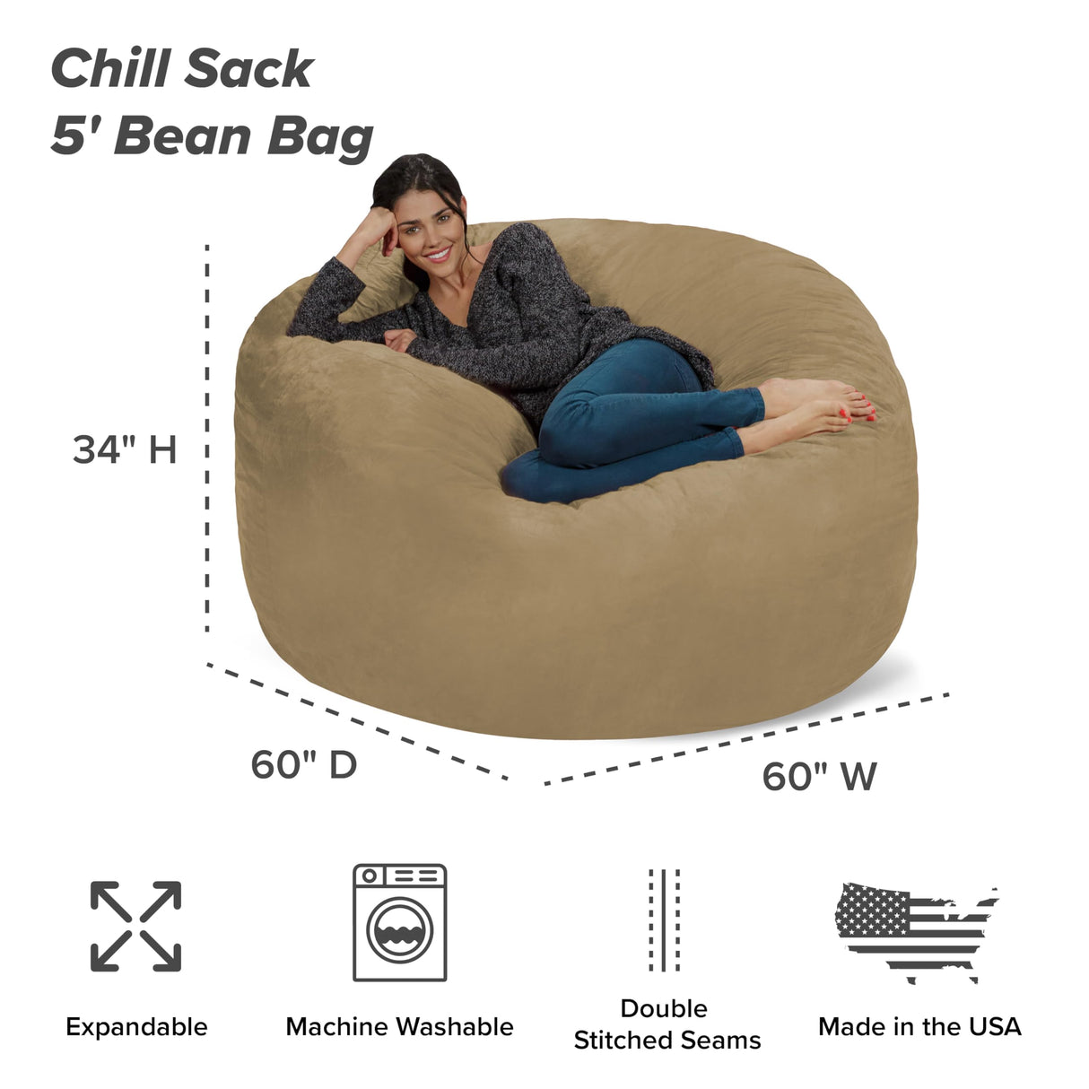 Chill Sack Bean Bag Chair: Giant 5' Memory Foam Furniture Bean Bag - Big Sofa with Soft Micro Fiber Cover - Black