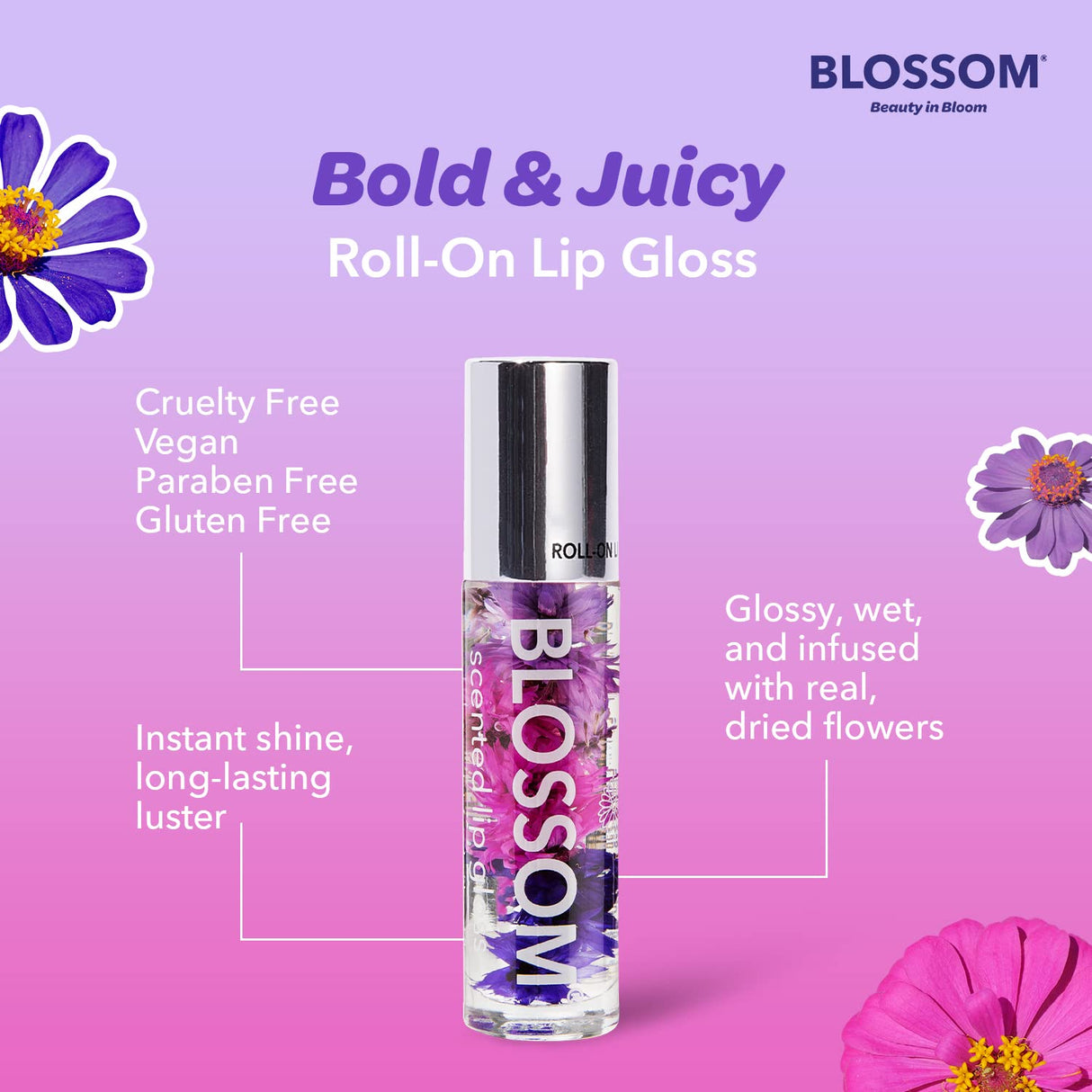Blossom Scented Roll on Lip Gloss, Infused with Real Flowers, Made in USA, 0.20 fl. oz./5.9ml, Watermelon