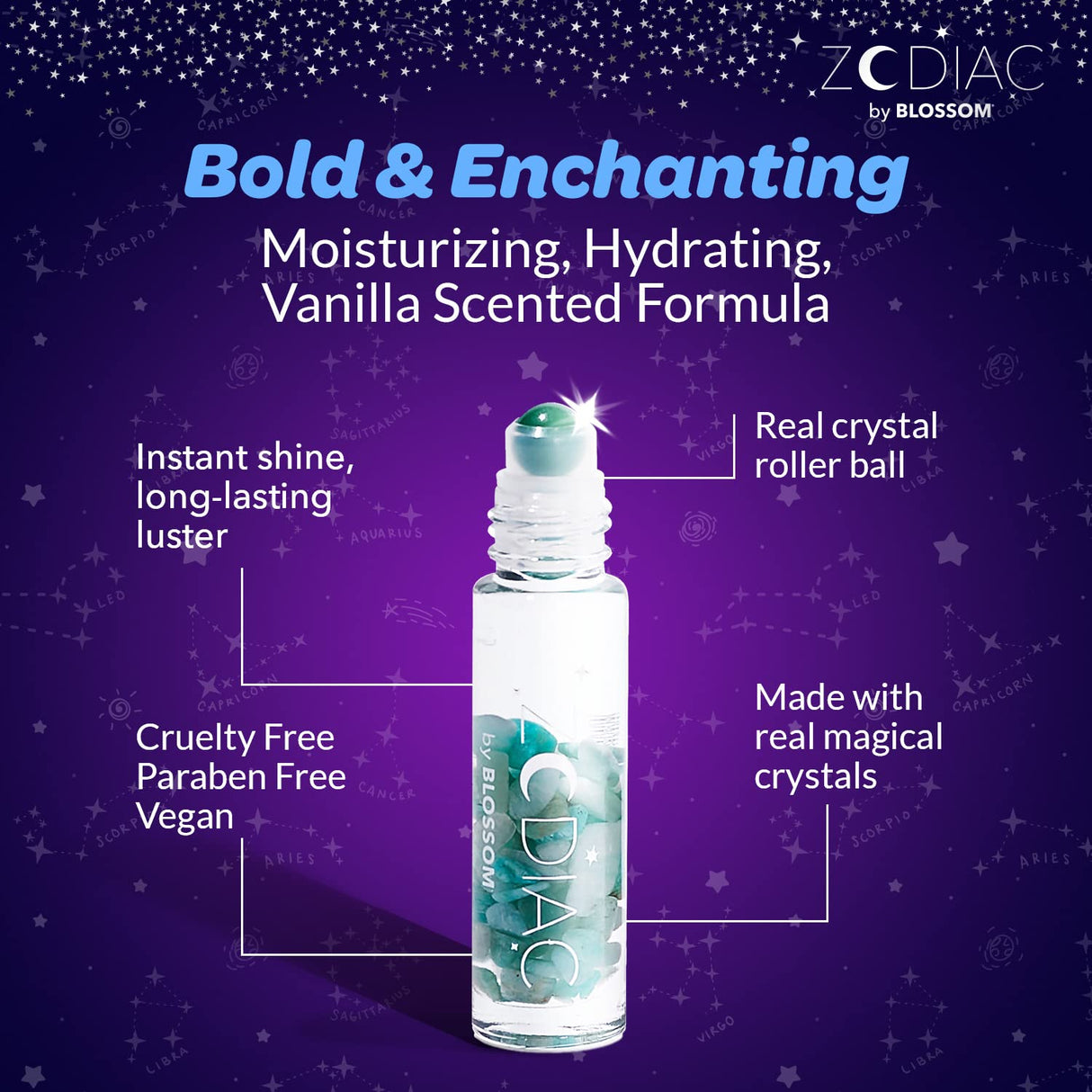 Blossom Zodiac Sign Roll-On Lip Gloss, Vanilla Scented + Moisturizing with Crystals, Made in USA, 0.20 fl. oz./5.9ml, Aquarius