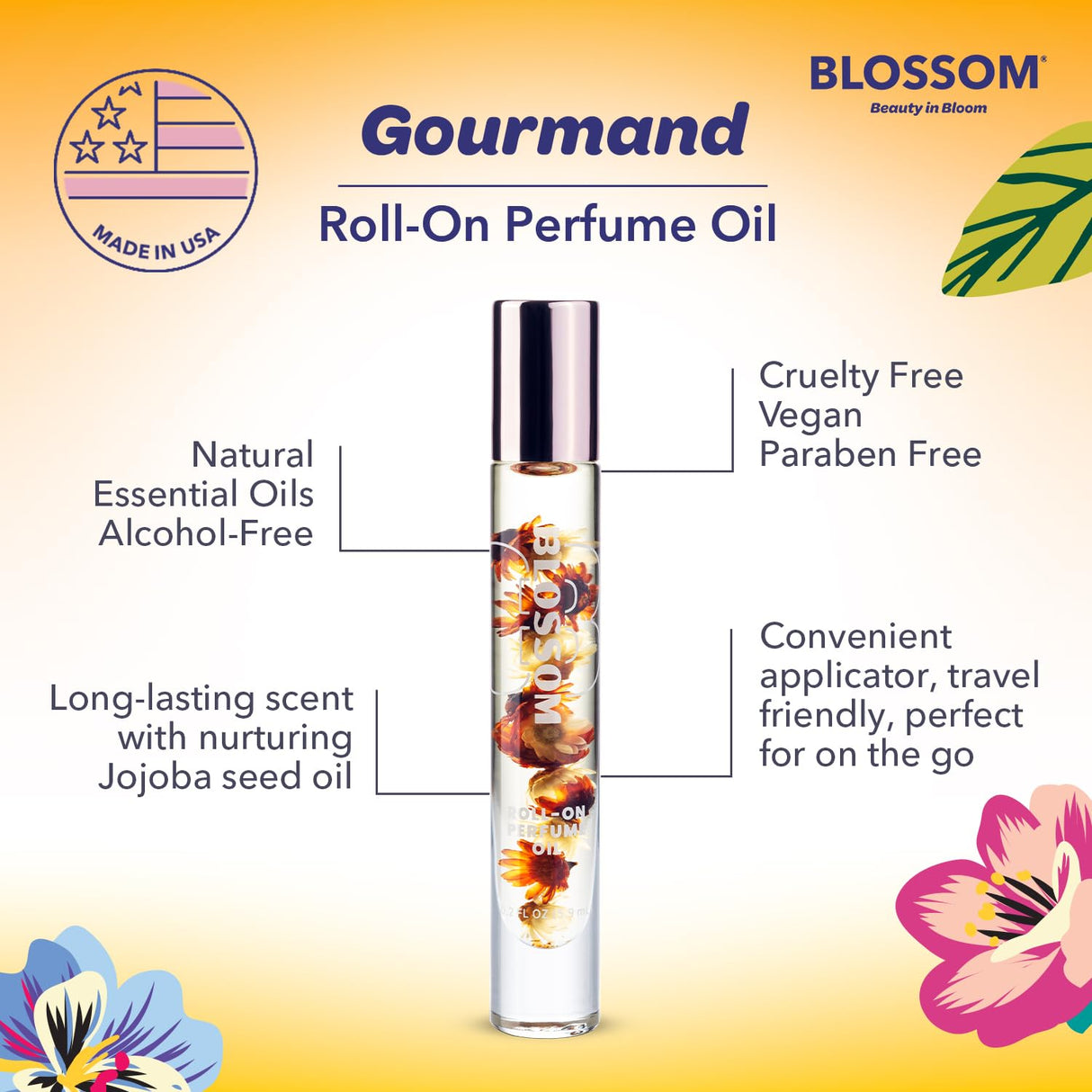 Blossom Roll on Perfume Oil for Women, Alcohol Free Rollerball Perfume with Essential Oil, Infused with Real Flowers, Made in USA, 0.20 oz (Lemon, Bergamot, Violet, White Musk), Cactus Flower