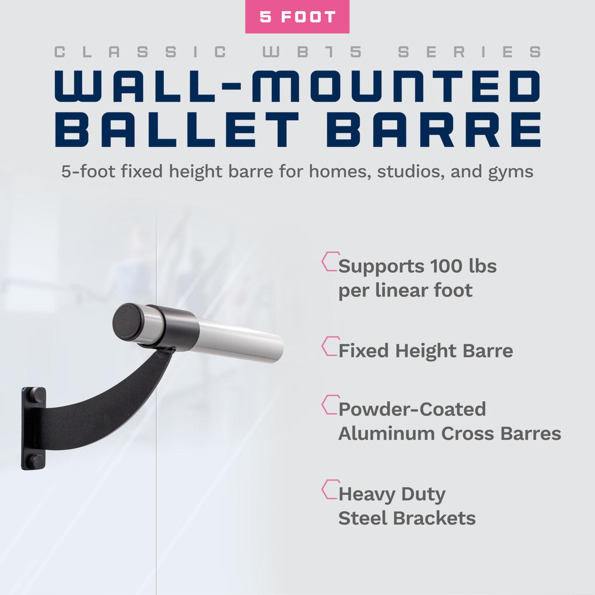 Wall-Mounted Single Ballet Barre, Classic WB15, Aluminum | Fixed Height, Made in USA, Home, Studio or Gym Exercise Equipment for Kids & Adults | Dance, Fitness, Pilates