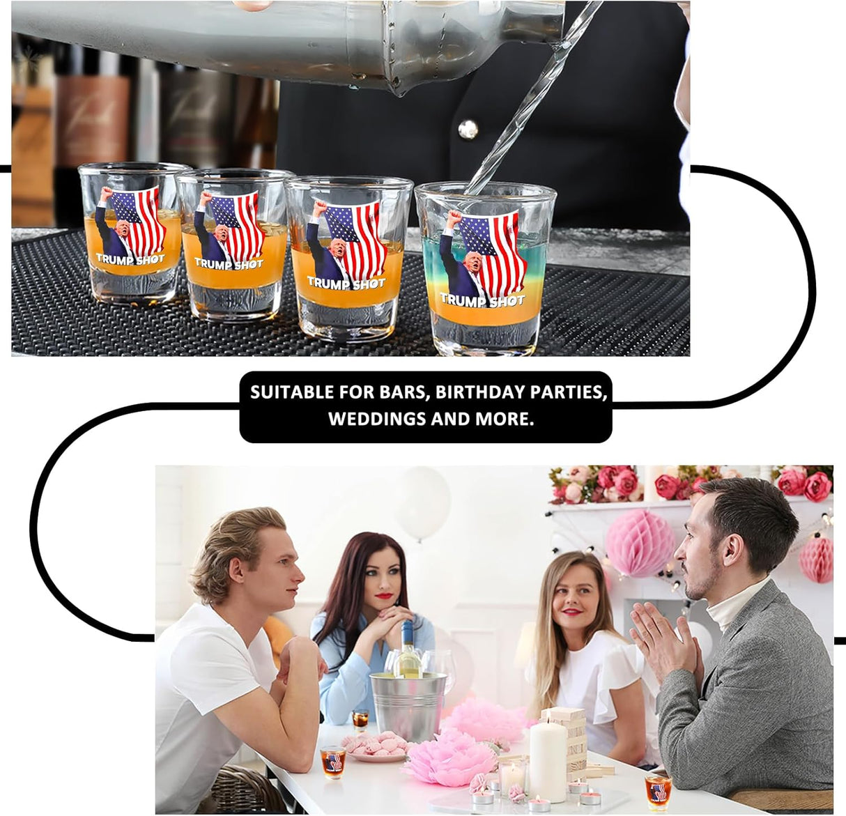 Trump Shot Glass - 4Pc Set with Assassination Picture & Fist Pump, Perfect for Political Enthusiasts, Collectible for Trump 2024 - Holds 1.70 oz, Exclusive Limited Edition Design