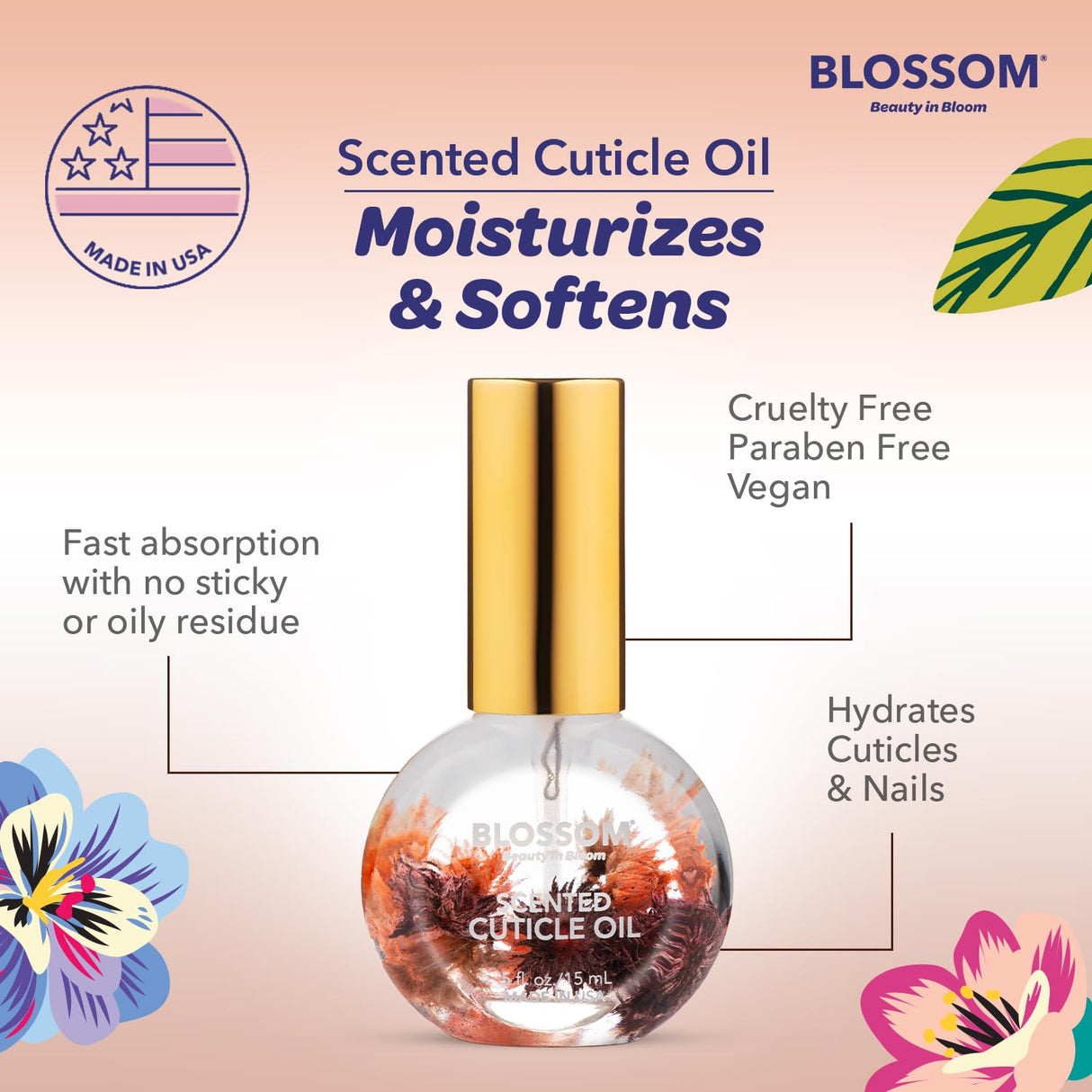 Blossom Scented Cuticle Oil, Infused with Real Flowers, Hydrating, Moisturizing, Strengthening, Made in USA, 0.5 fl. oz, Amazon Exclusive, Watermelon