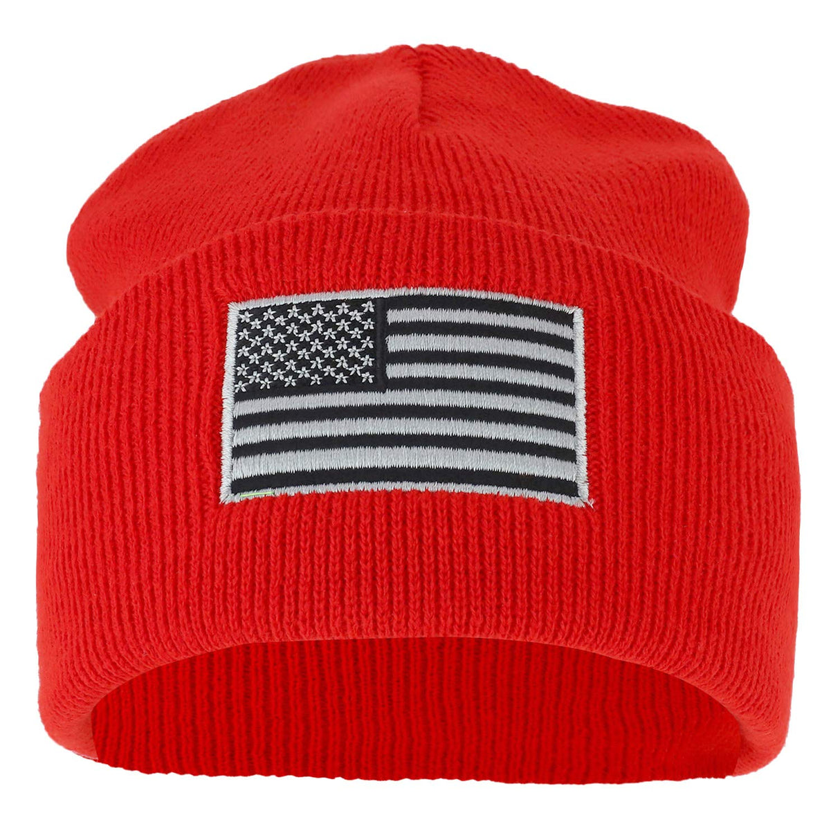 Made in USA Grey American Flag Embroidered Knit Cuff Long Beanie