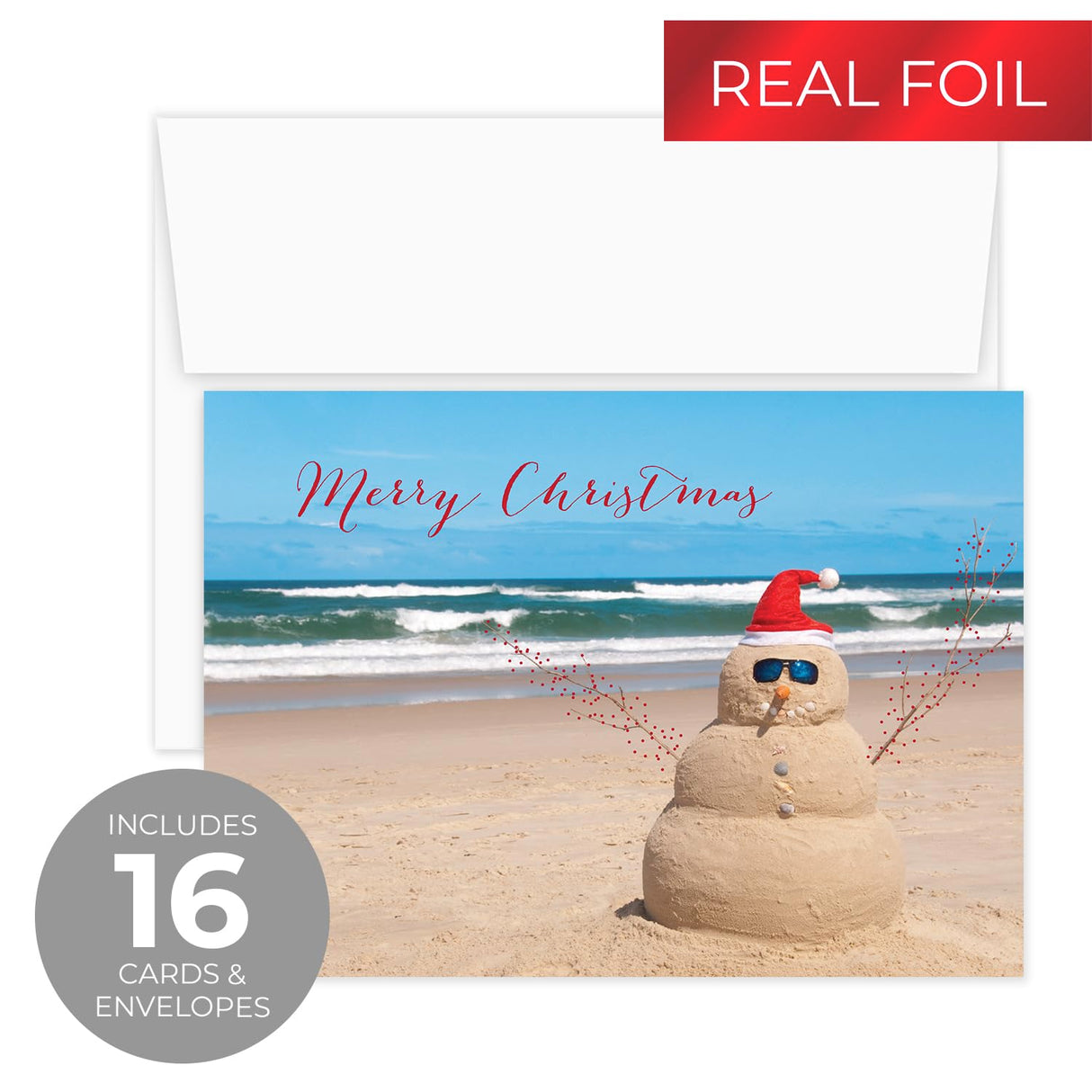 Masterpiece Sparkling Santa Christmas Cards / 16 Festive Holiday Cards Set With White Envelopes / 5 5/8" x 7 7/8" Winter Gold Foil Greeting Cards With Inside Verse/Made In The USA