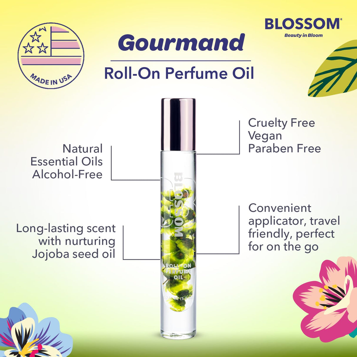 Blossom Roll on Perfume Oil for Women, Alcohol Free Rollerball Perfume with Essential Oil, Infused with Real Flowers, Made in USA, 0.20 oz (Lemon, Bergamot, Violet, White Musk), Cactus Flower