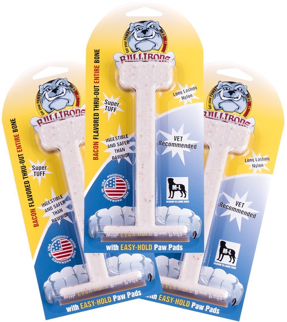 Bullibone Nylon Dog Chew Toy Nylon Bone - Improves Dental Hygiene, Easy to Grip Bottom, and Permeated with Flavor (Bacon, Large - 2 Pack)