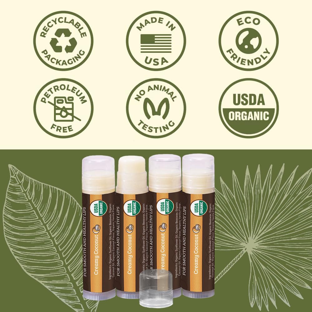 USDA Organic Lip Balm 6-Pack by Earth's Daughter Stocking Stuffers - Fruit Flavors, Beeswax, Coconut Oil, Vitamin E - Best Lip Repair Chapstick for Dry Cracked Lips - Moisturizing Lip Care
