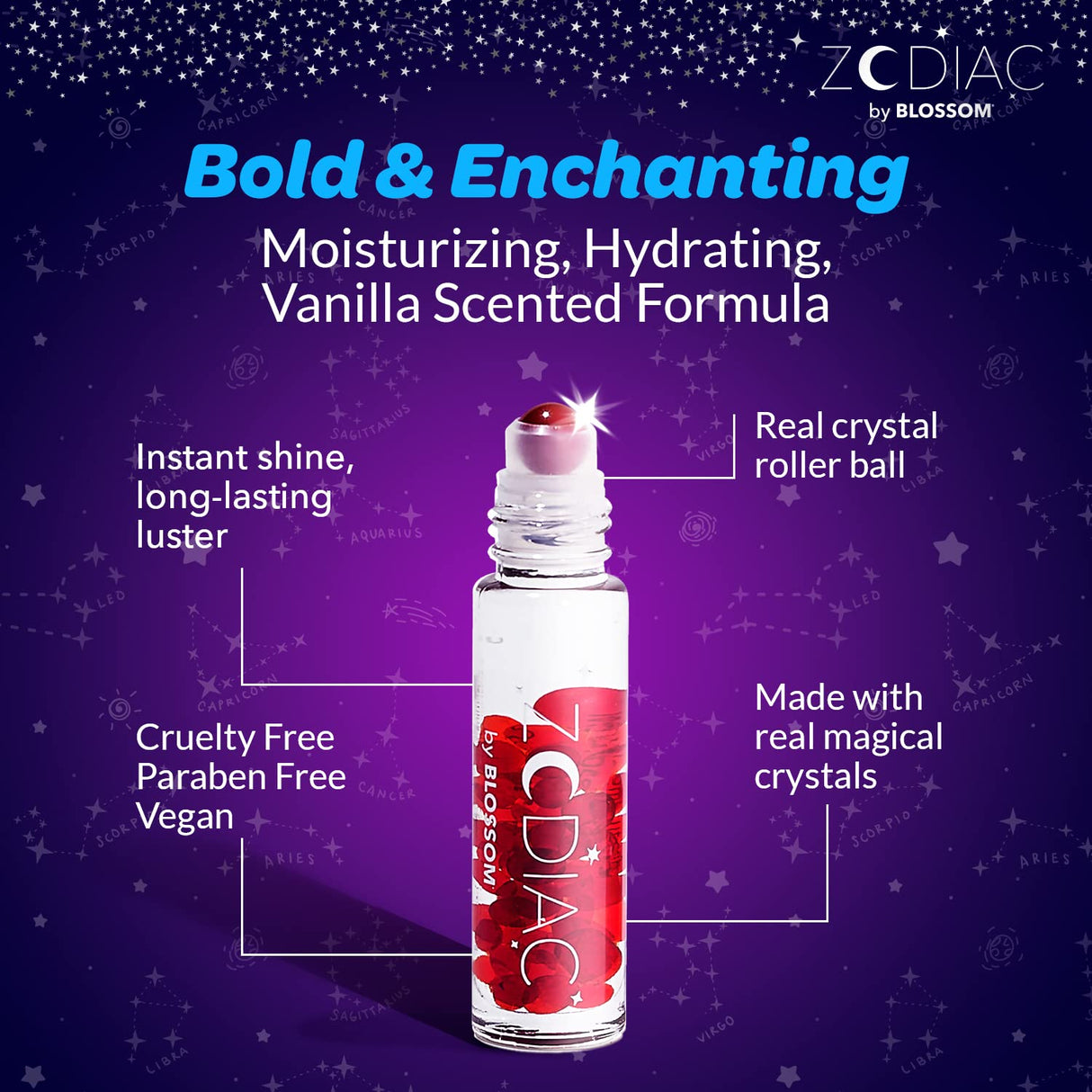 Blossom Zodiac Sign Roll-On Lip Gloss, Vanilla Scented + Moisturizing with Crystals, Made in USA, 0.20 fl. oz./5.9ml, Aquarius