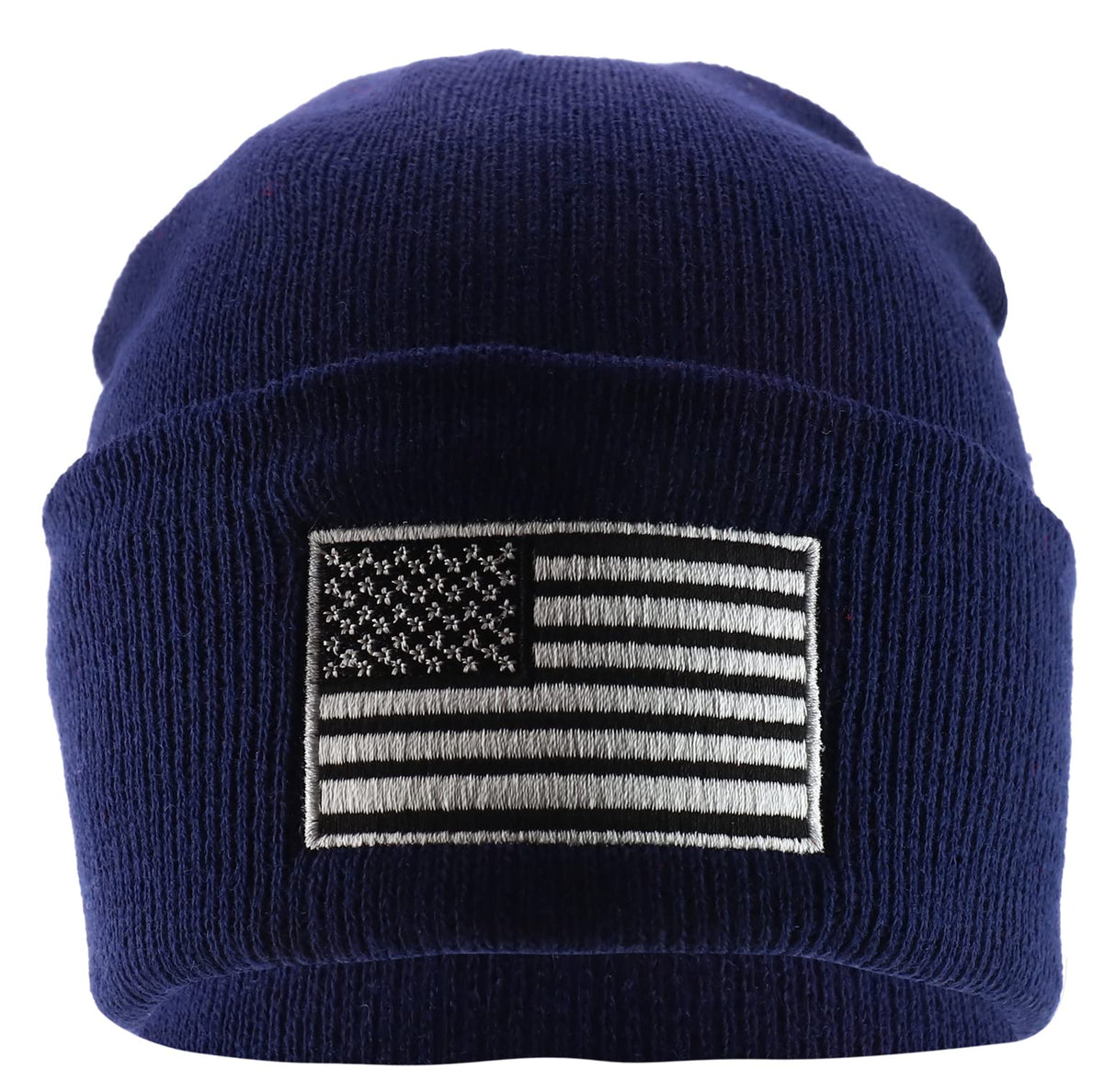 Made in USA Grey American Flag Embroidered Knit Cuff Long Beanie
