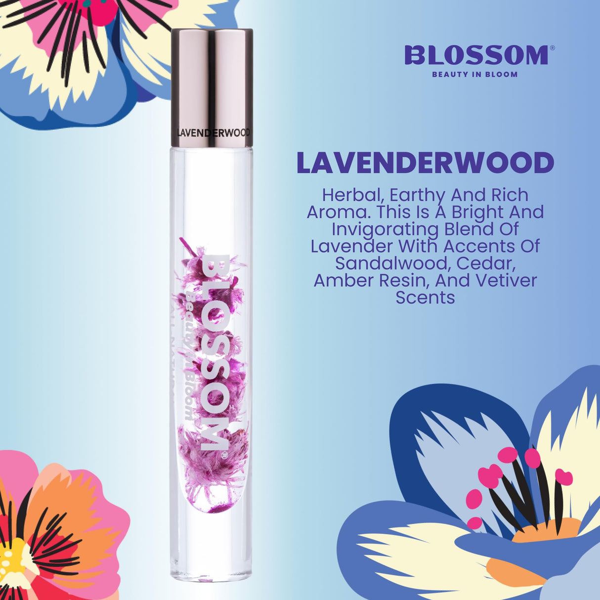 Blossom Roll on Perfume Oil for Women, Alcohol Free Rollerball Perfume with Essential Oil, Infused with Real Flowers, Made in USA, 0.20 oz (Lemon, Bergamot, Violet, White Musk), Cactus Flower
