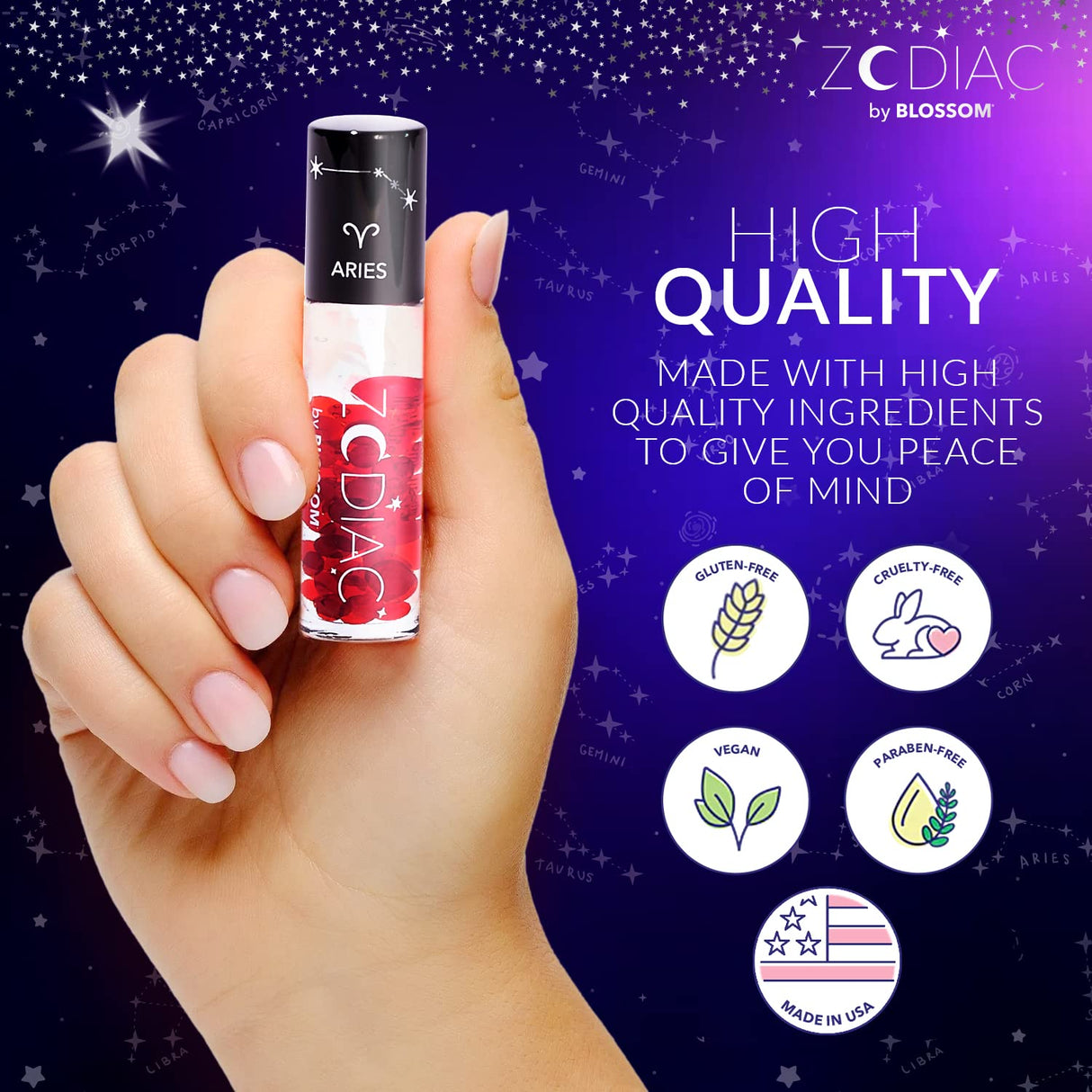 Blossom Zodiac Sign Roll-On Lip Gloss, Vanilla Scented + Moisturizing with Crystals, Made in USA, 0.20 fl. oz./5.9ml, Aquarius