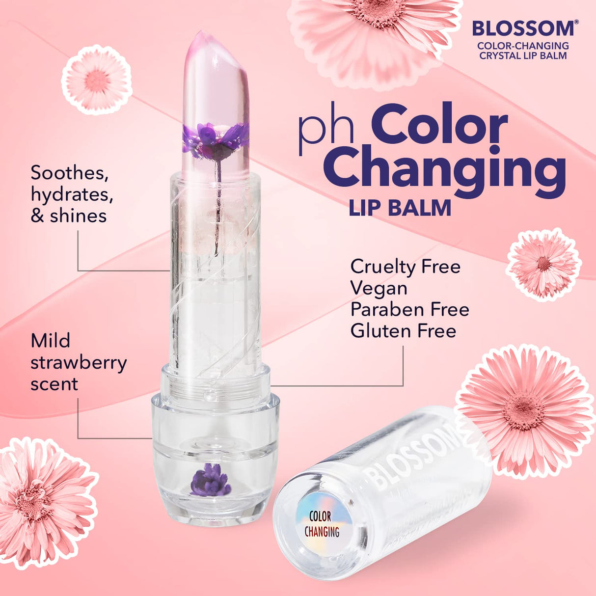 Blossom Moisturizing pH Color Changing Shimmering Lip Balm Sparkle Lip Stain Tint, Infused with Real Flowers, 3g, Electric Pink