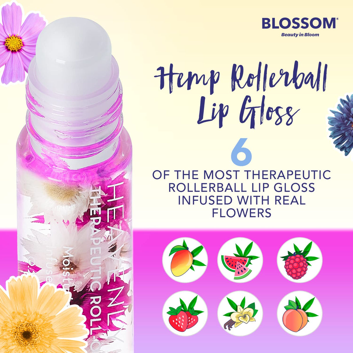 Blossom Scented Roll on Lip Gloss, Infused with Real Flowers, Made in USA, 0.20 fl. oz./5.9ml, Watermelon