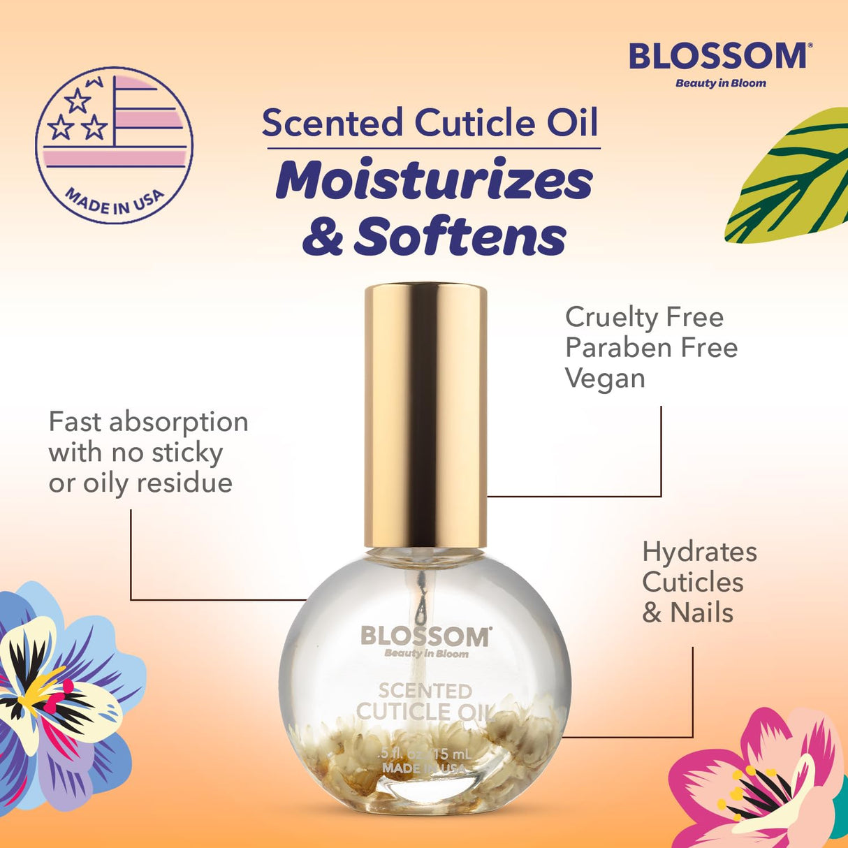 Blossom Scented Cuticle Oil, Infused with Real Flowers, Hydrating, Moisturizing, Strengthening, Made in USA, 0.5 fl. oz, Amazon Exclusive, Watermelon