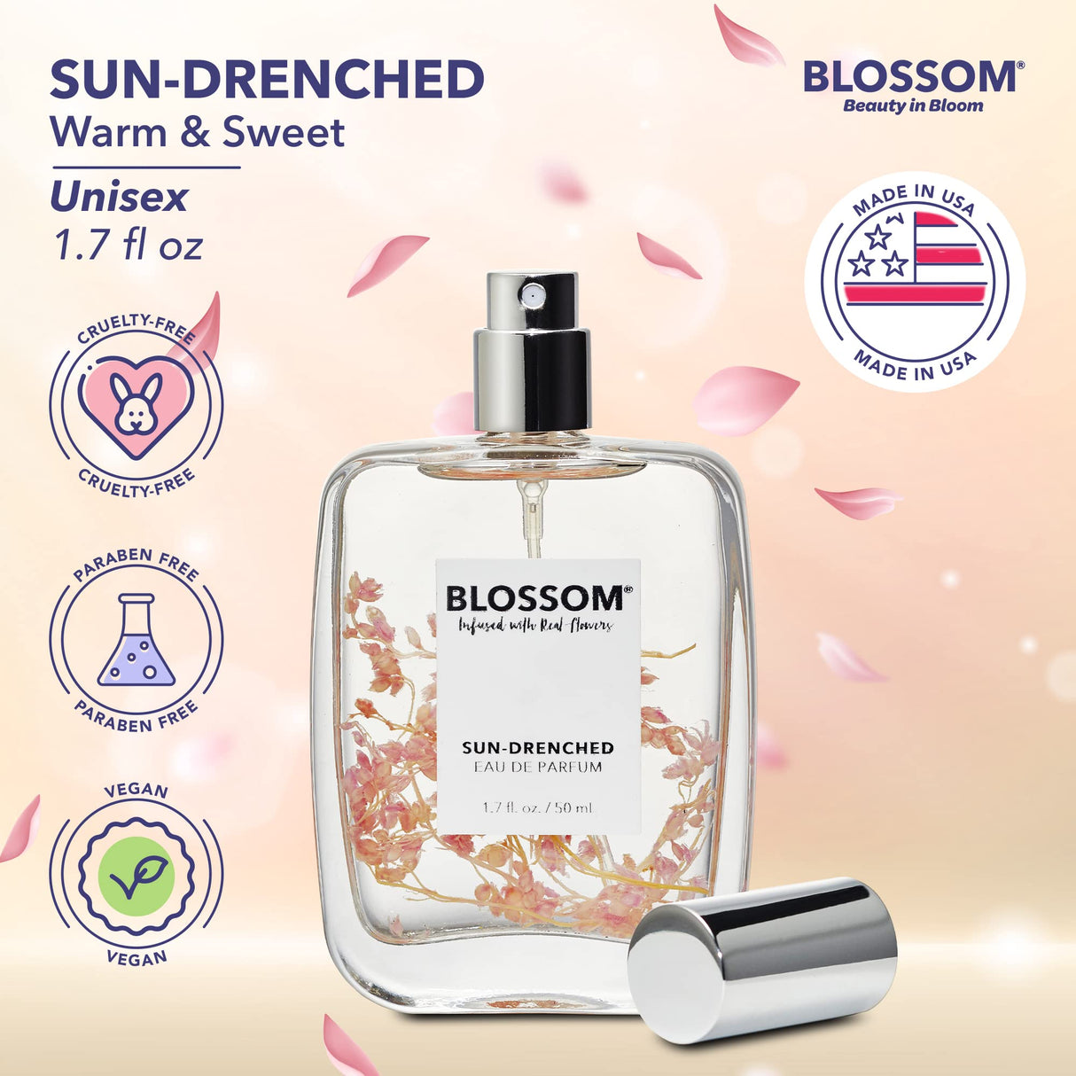 Blossom Unisex Eau De Parfum, Cruelty Free and Vegan Fragrance, Plant-based Perfume Spray, Infused with Real Flowers, Made in USA, 1.7oz, (White Calla Lily, Grapefruit, Sundrenched Flowers), Slay