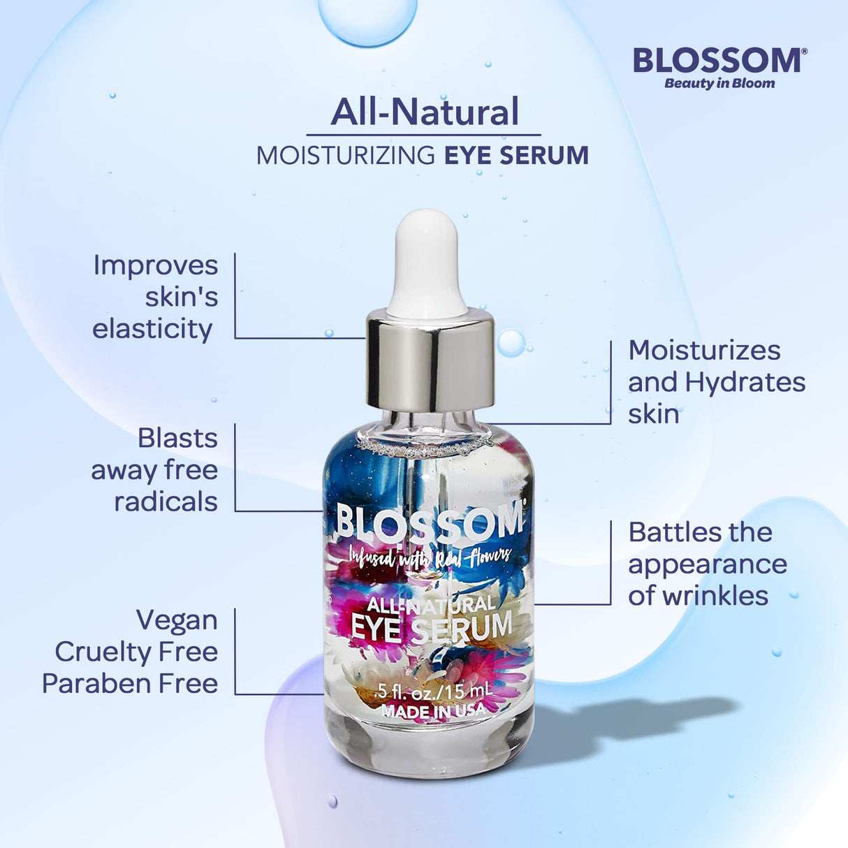 Blossom All Natural Eye Serum with Essential Oils, Organic Cruelty Free Moisturizing, Infused with Real Flowers, Made in USA, 0.5 fl. oz., Spring Bouquet