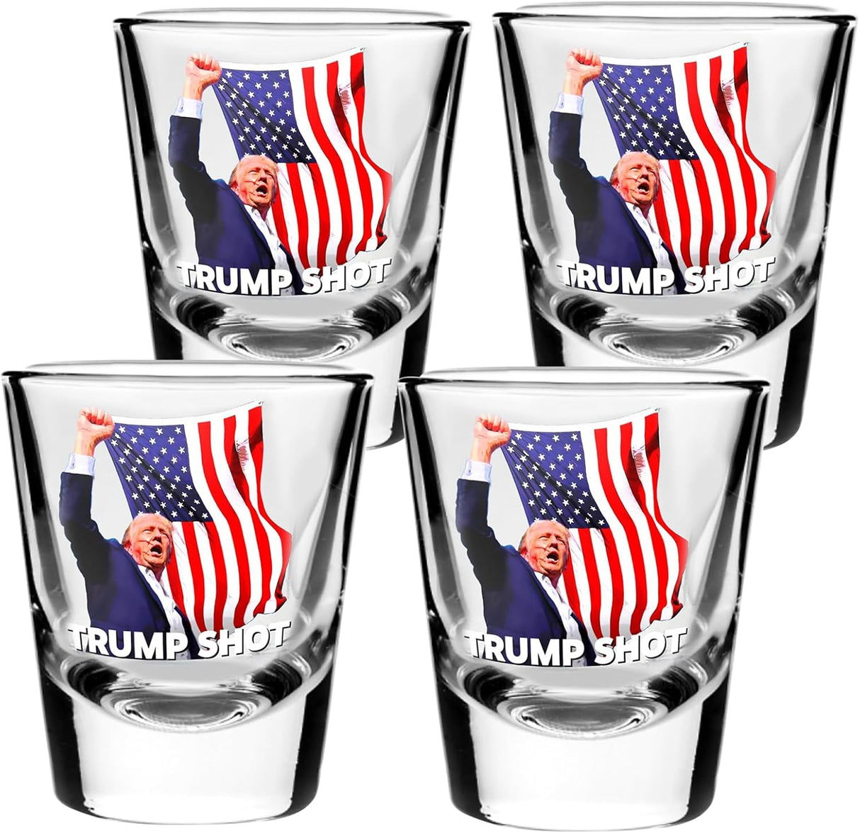 Trump Shot Glass - 4Pc Set with Assassination Picture & Fist Pump, Perfect for Political Enthusiasts, Collectible for Trump 2024 - Holds 1.70 oz, Exclusive Limited Edition Design