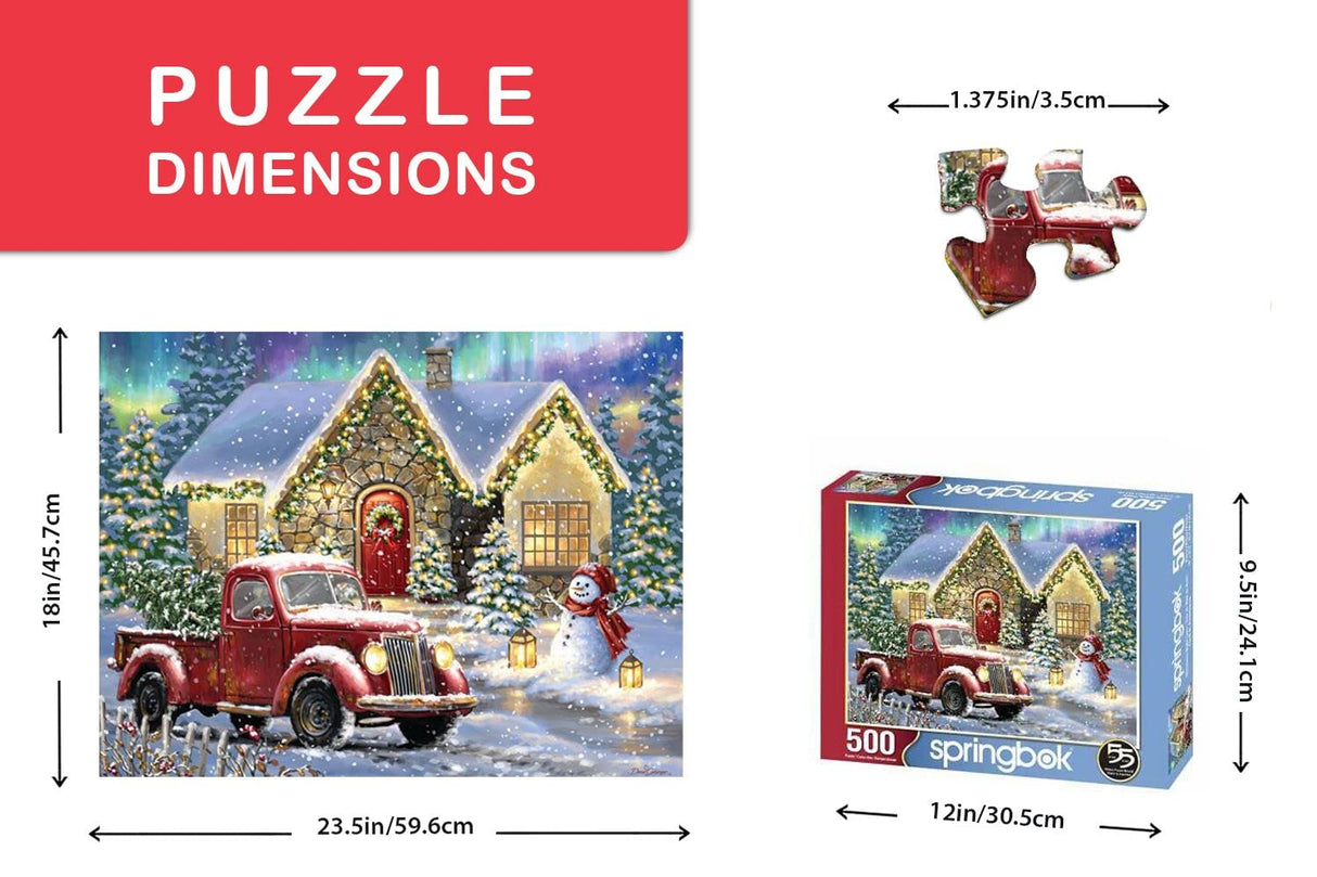 Springbok Christmas Night Lane 500 Piece Jigsaw Puzzle- Perfect for Holiday Family Game Nights- Multicolor Winter Scene with Snowman and Classic Red Truck