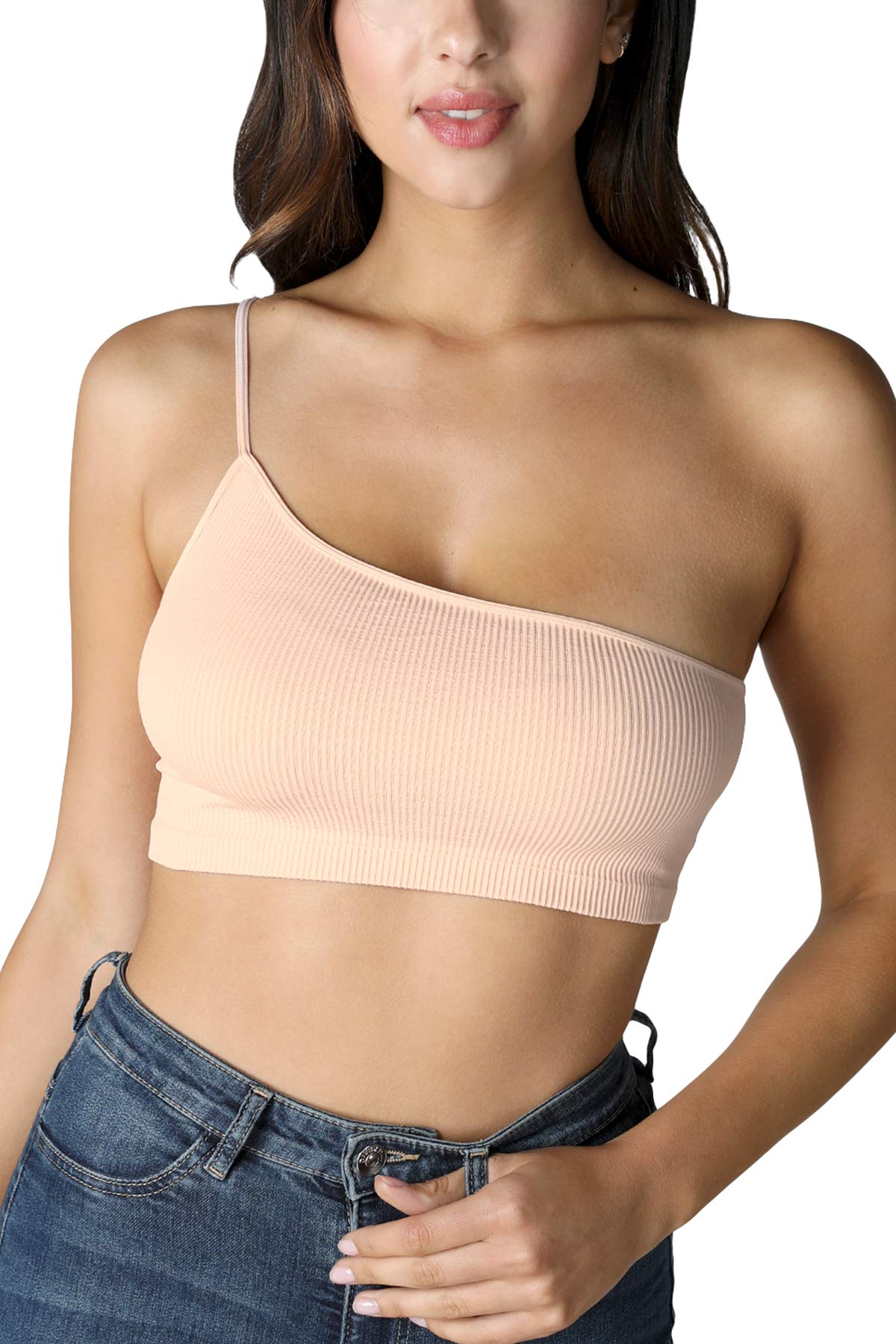 NIKIBIKI Women Seamless One Shoulder Ribbed Bralette, Made in U.S.A, One Size