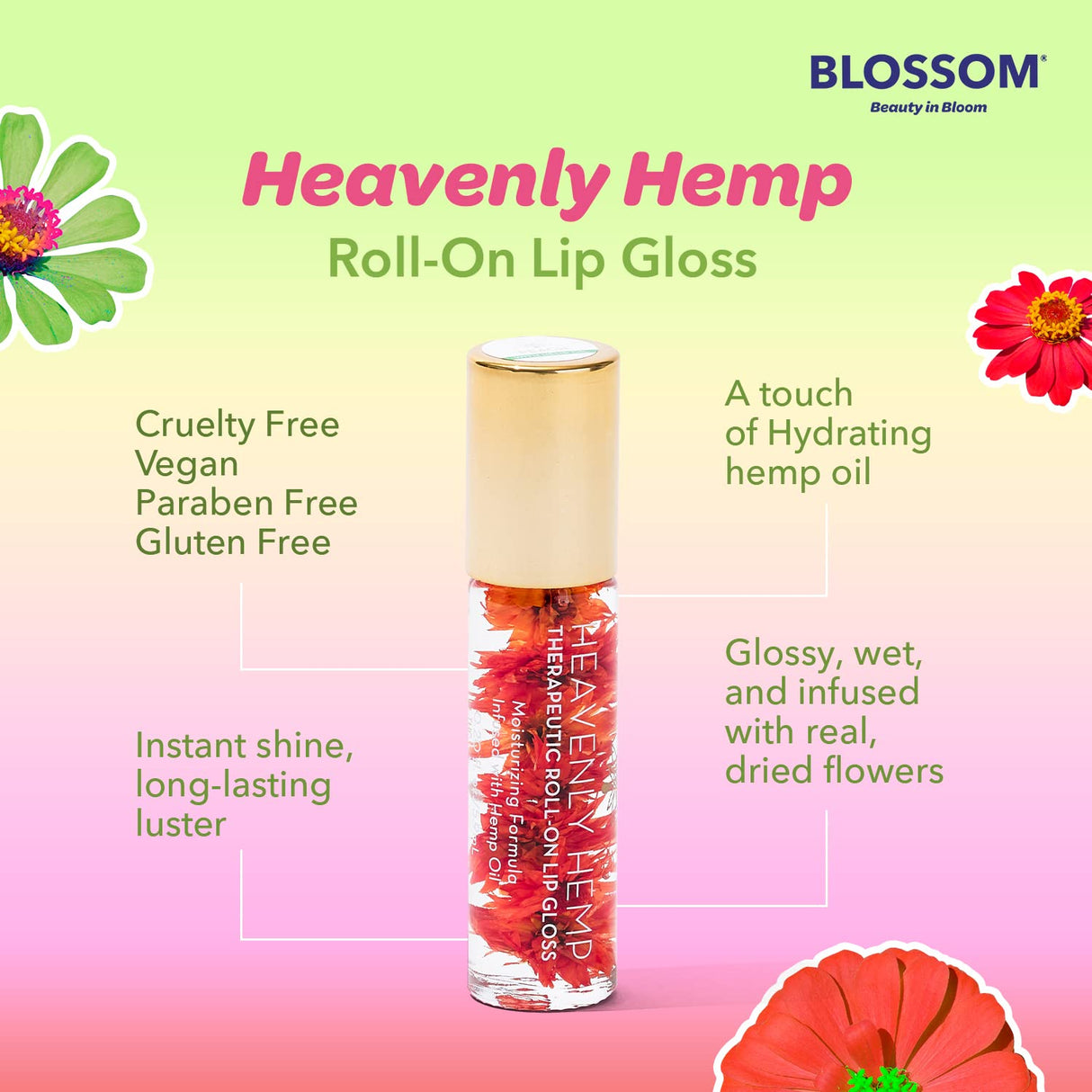 Blossom Scented Roll on Lip Gloss, Infused with Real Flowers, Made in USA, 0.20 fl. oz./5.9ml, Watermelon