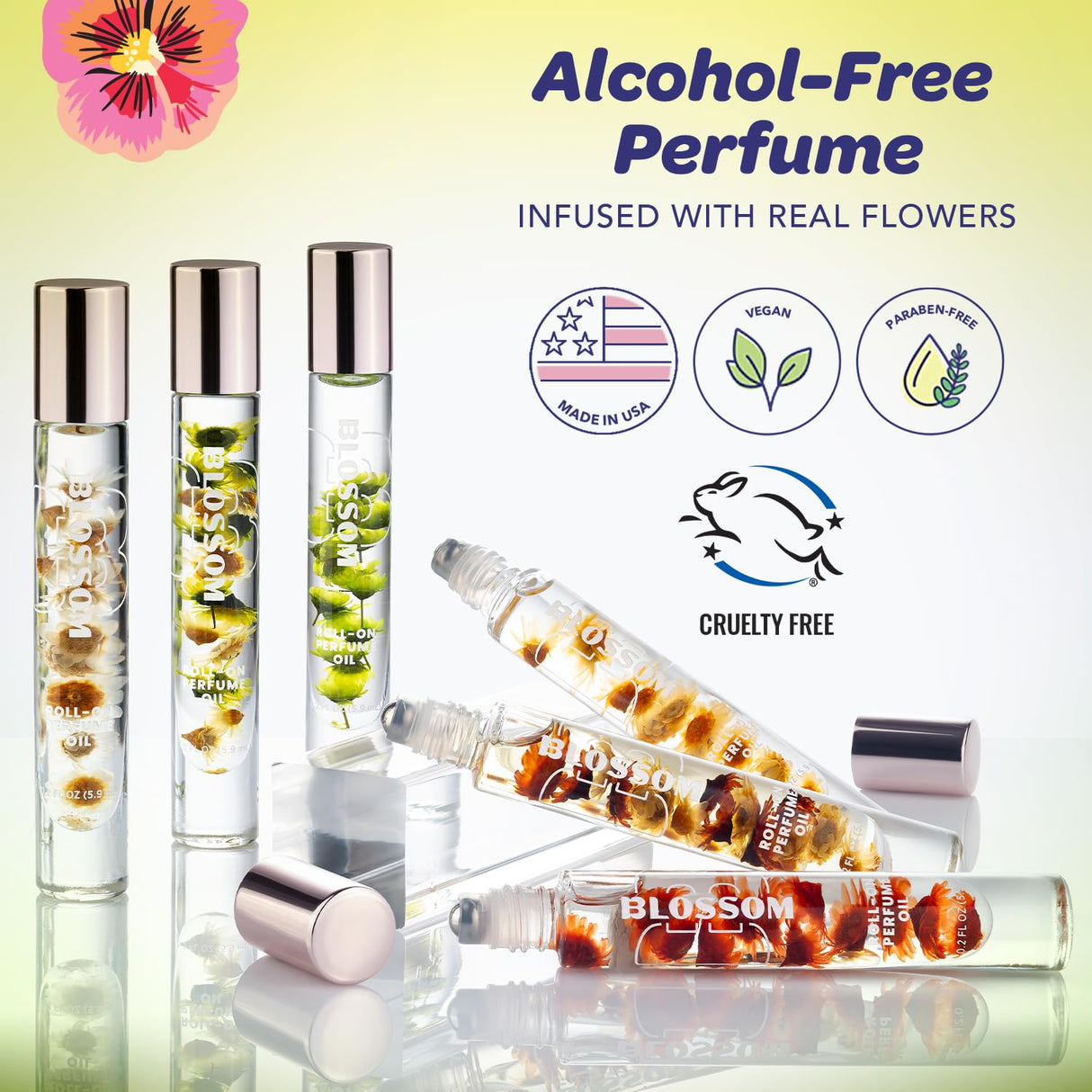 Blossom Roll on Perfume Oil for Women, Alcohol Free Rollerball Perfume with Essential Oil, Infused with Real Flowers, Made in USA, 0.20 oz (Lemon, Bergamot, Violet, White Musk), Cactus Flower