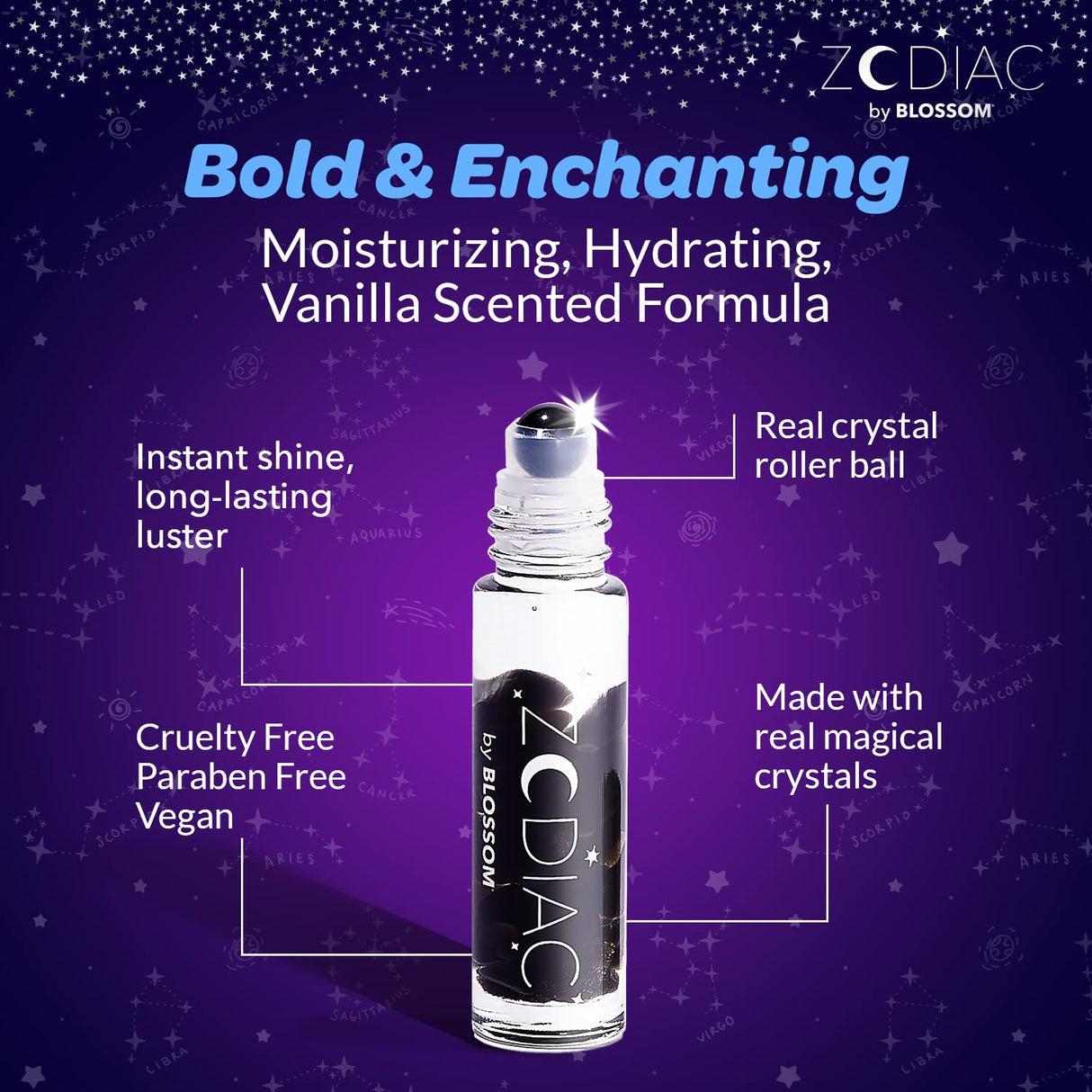 Blossom Zodiac Sign Roll-On Lip Gloss, Vanilla Scented + Moisturizing with Crystals, Made in USA, 0.20 fl. oz./5.9ml, Aquarius